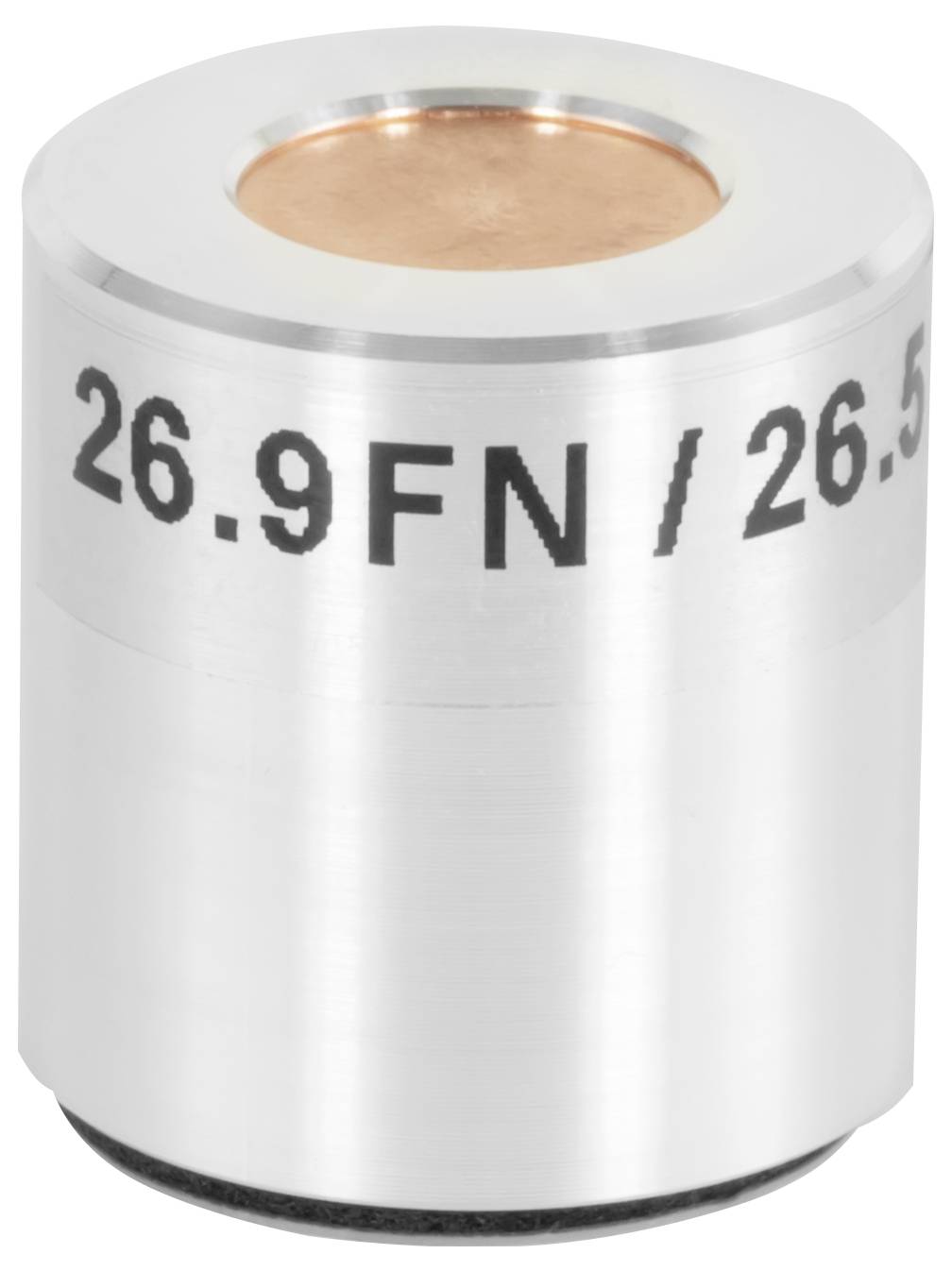 Nahaufnahme eines silbernen zylindrischen Metallteils mit der Aufschrift „26,9 FN / 26,5