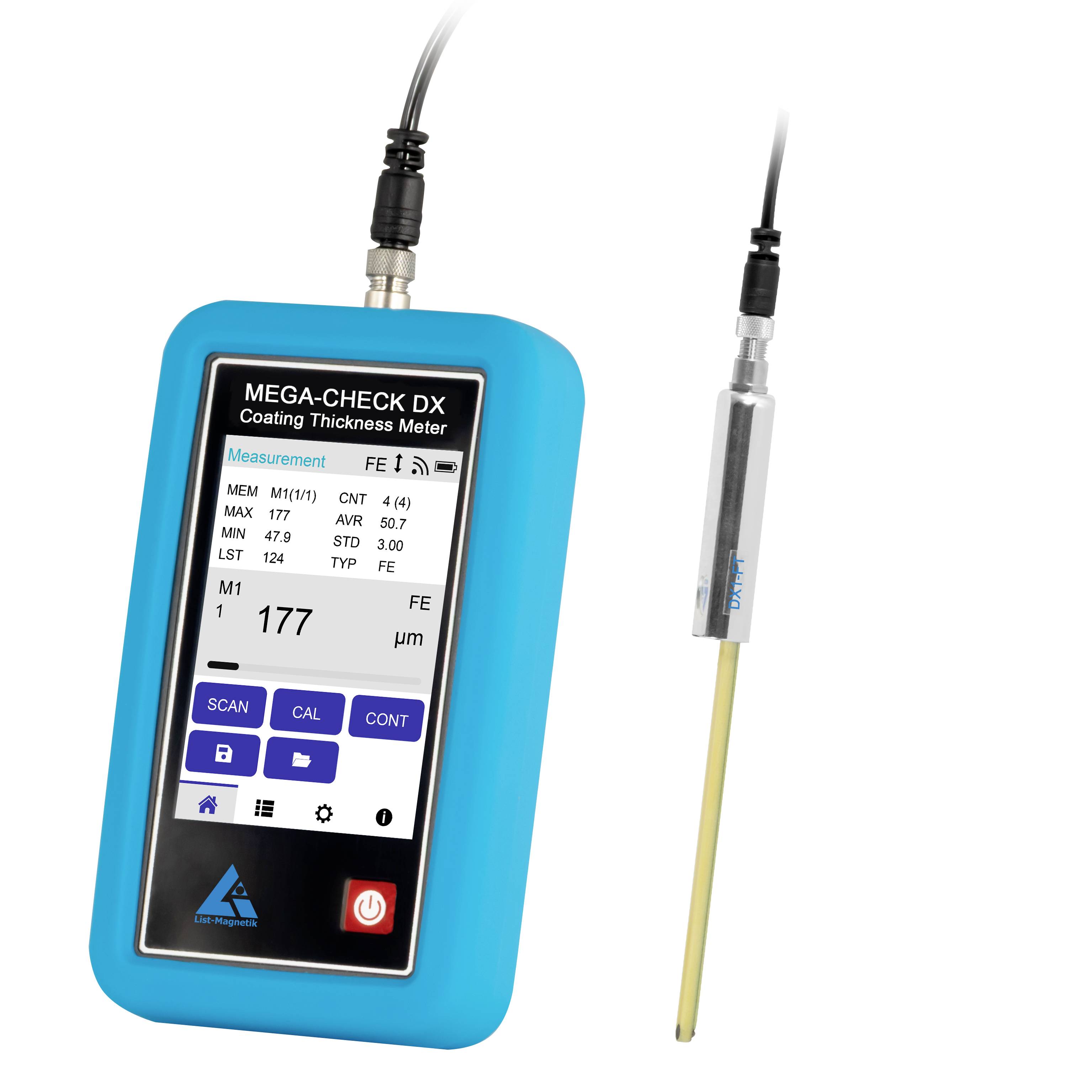 Tragbares blaues Schichtdickenmessgerät mit angebrachter Sonde, das ein Messdisplay und Schaltflächen auf dem Bildschirm anzeigt.