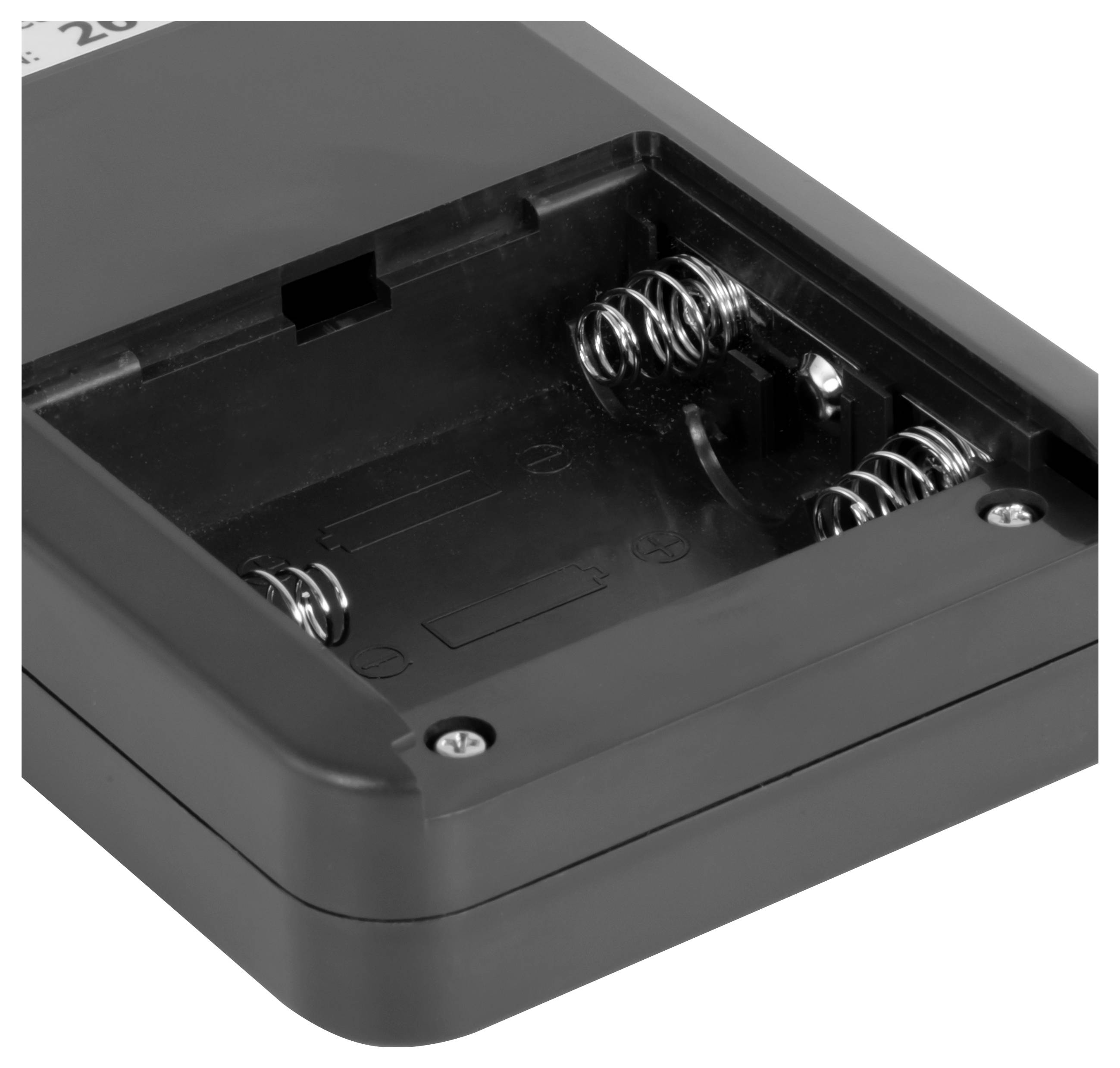 Offener schwarzer Kunststoff-Batterieholder mit Federkontakten für zwei Batterien, leer abgebildet auf weißem Hintergrund.