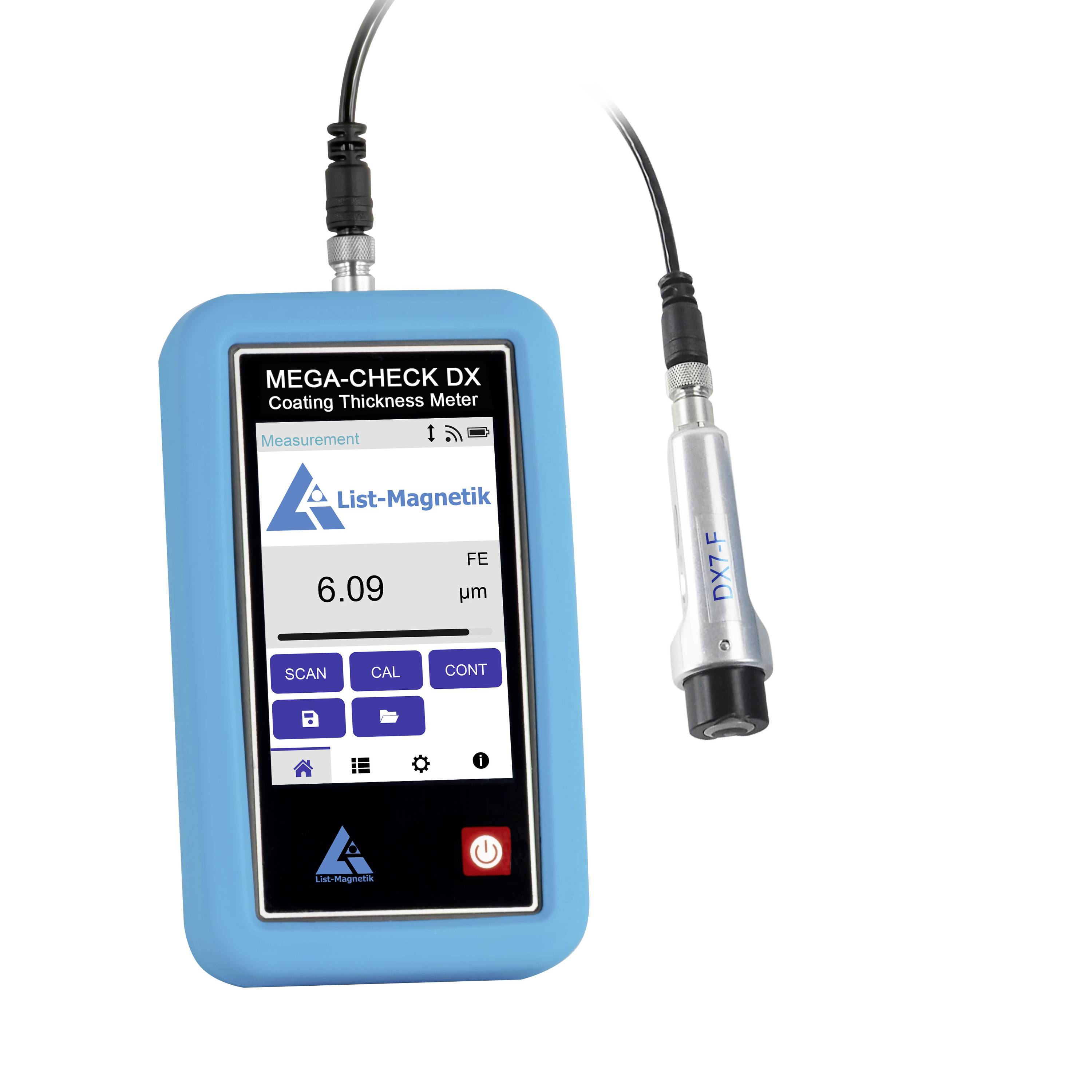 Tragbares MEGA-CHECK DX Schichtdickenmessgerät mit Sonde, das auf dem Bildschirm eine Messung von 6,09 µm anzeigt.