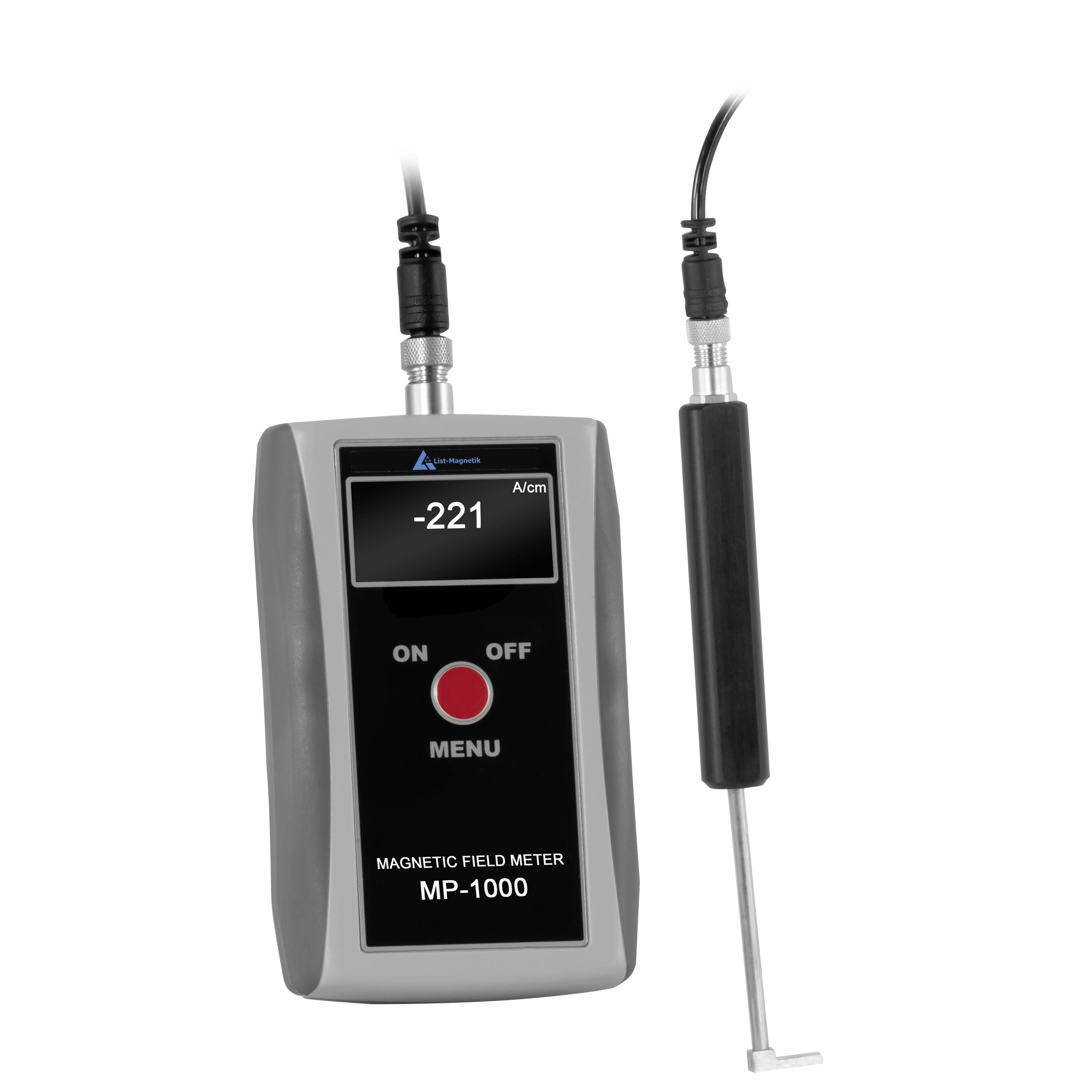 Tragbares Magnetfeldmessgerät MP-1000 mit Sonde, zeigt einen Messwert von -221 A/cm an.