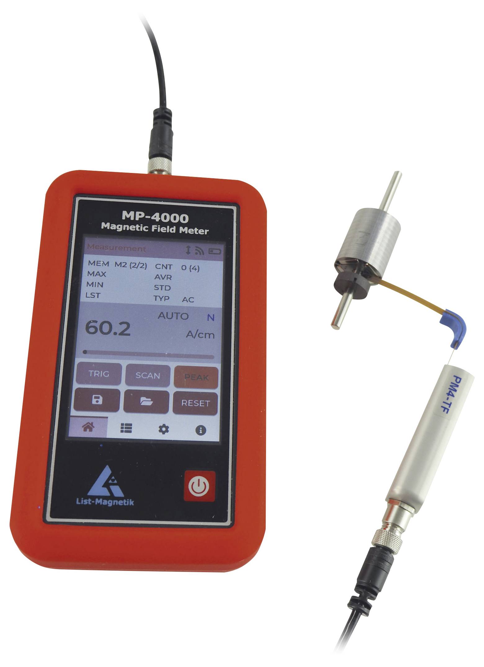 Tragbares MP-4000 Magnetfeldmessgerät mit digitaler Anzeige und Sensorsonde, mit angebrachter Sondenbaugruppe dargestellt.