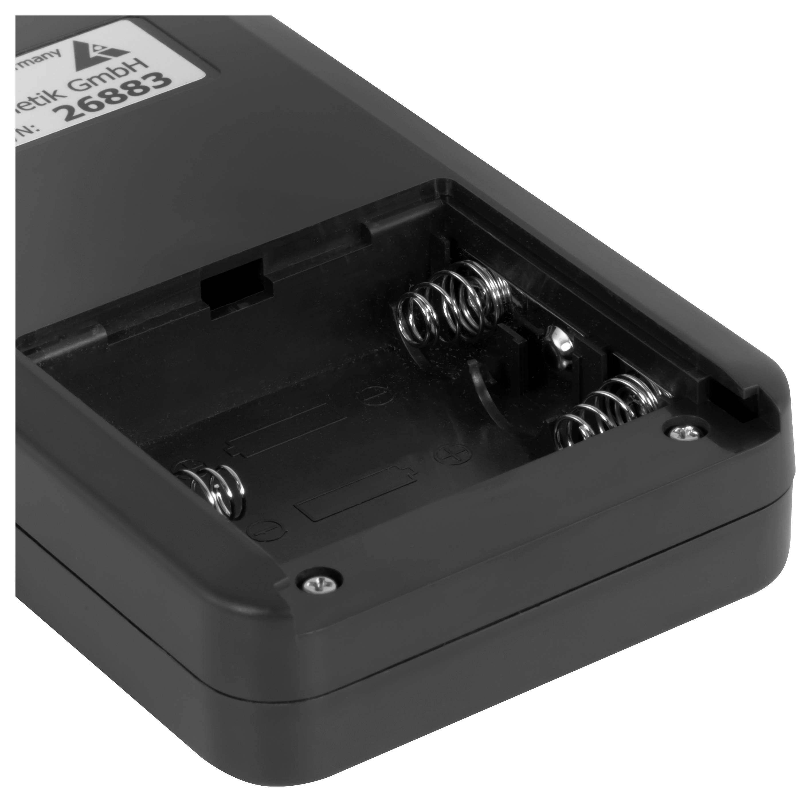 Schwarzer Kunststoffbatteriehalter für zwei AA-Batterien mit freiliegenden Federkontakten und einem Etikett auf der Oberseite.