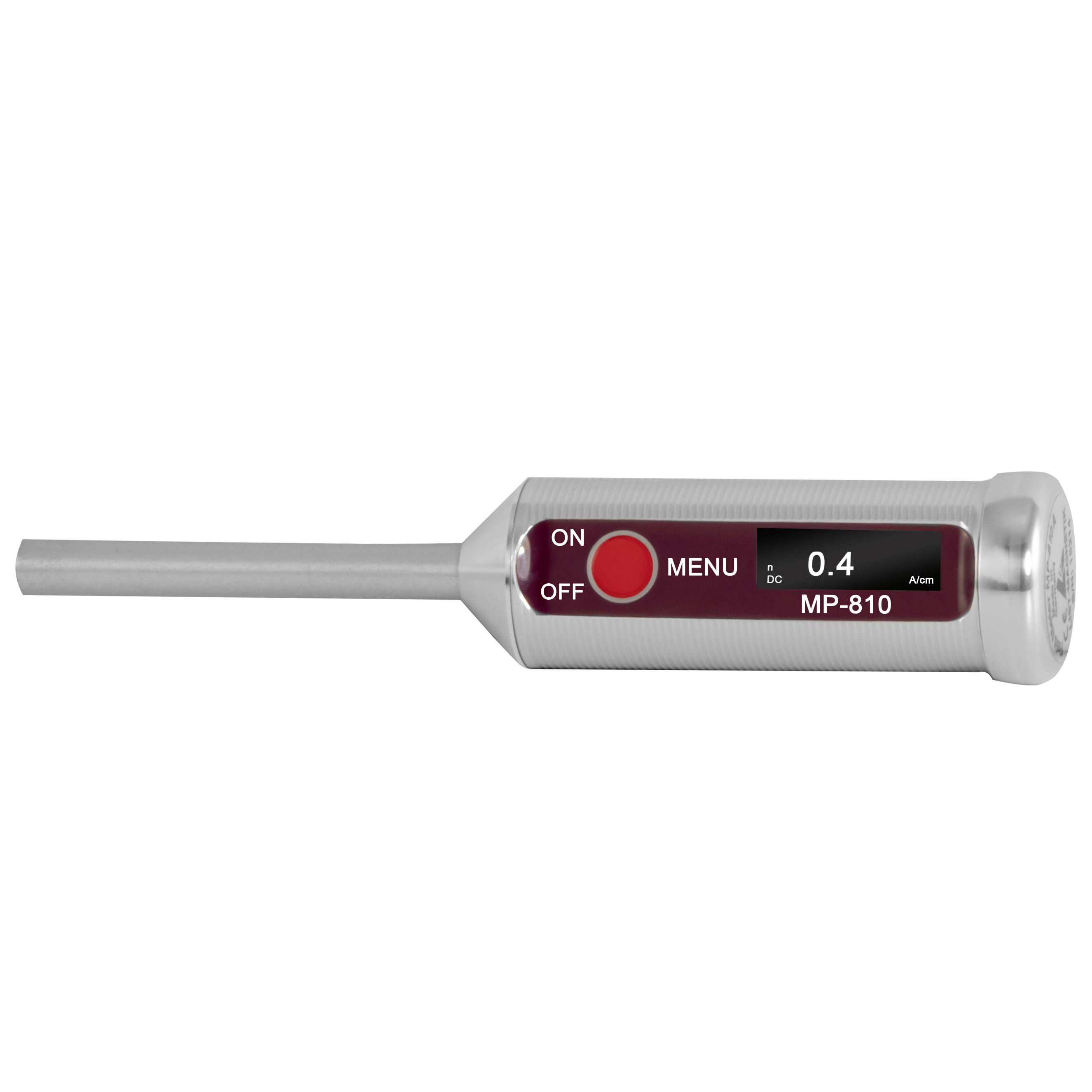 Digitales Thermometer mit Metallsonde und Display zeigt 0,4; beschriftet mit ON/OFF, MENU und MP-810.