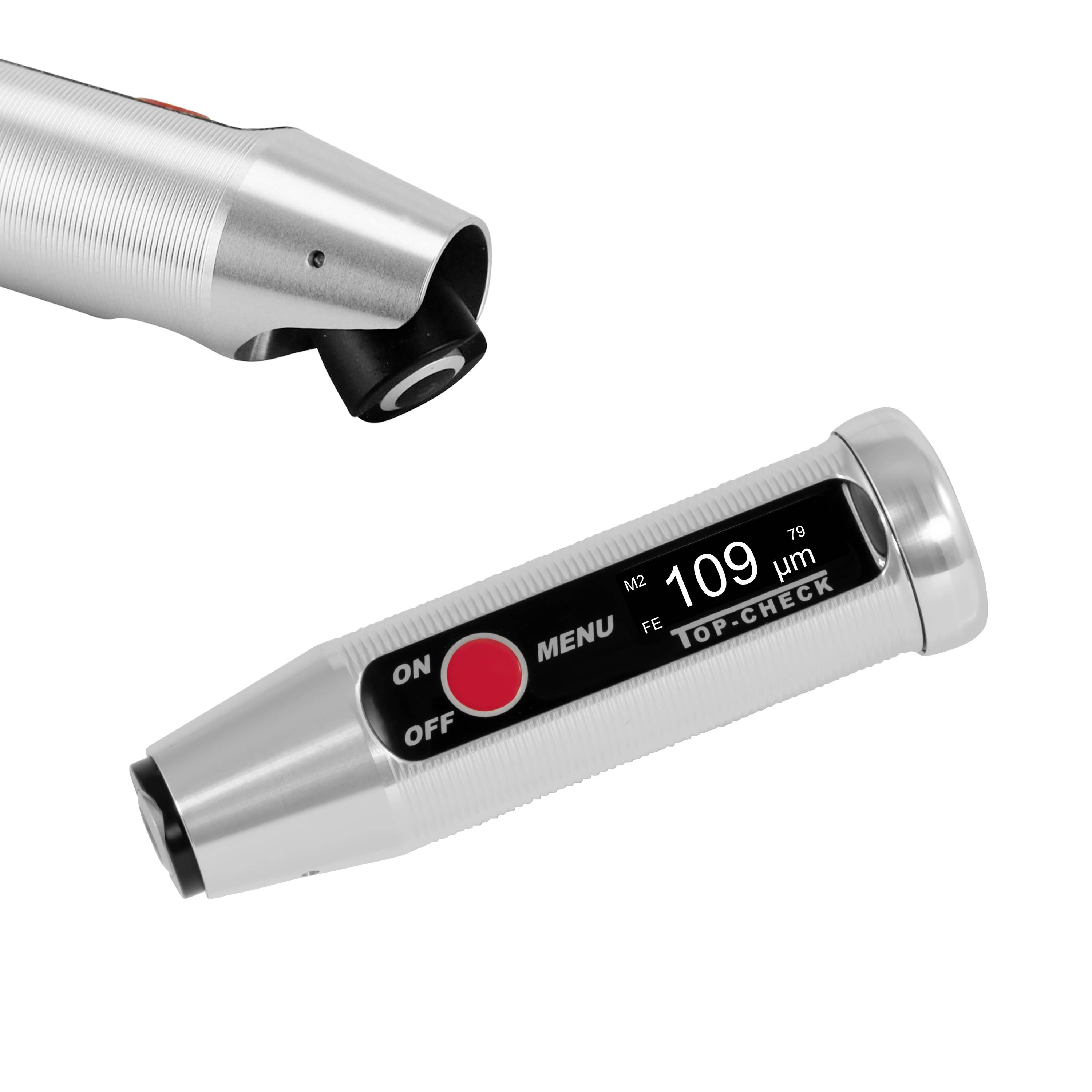 Tragbares digitales Oberflächenrauhheitsmessgerät mit einer Anzeige von 109 µm, mit einem Sensorkopf oben links angebracht.