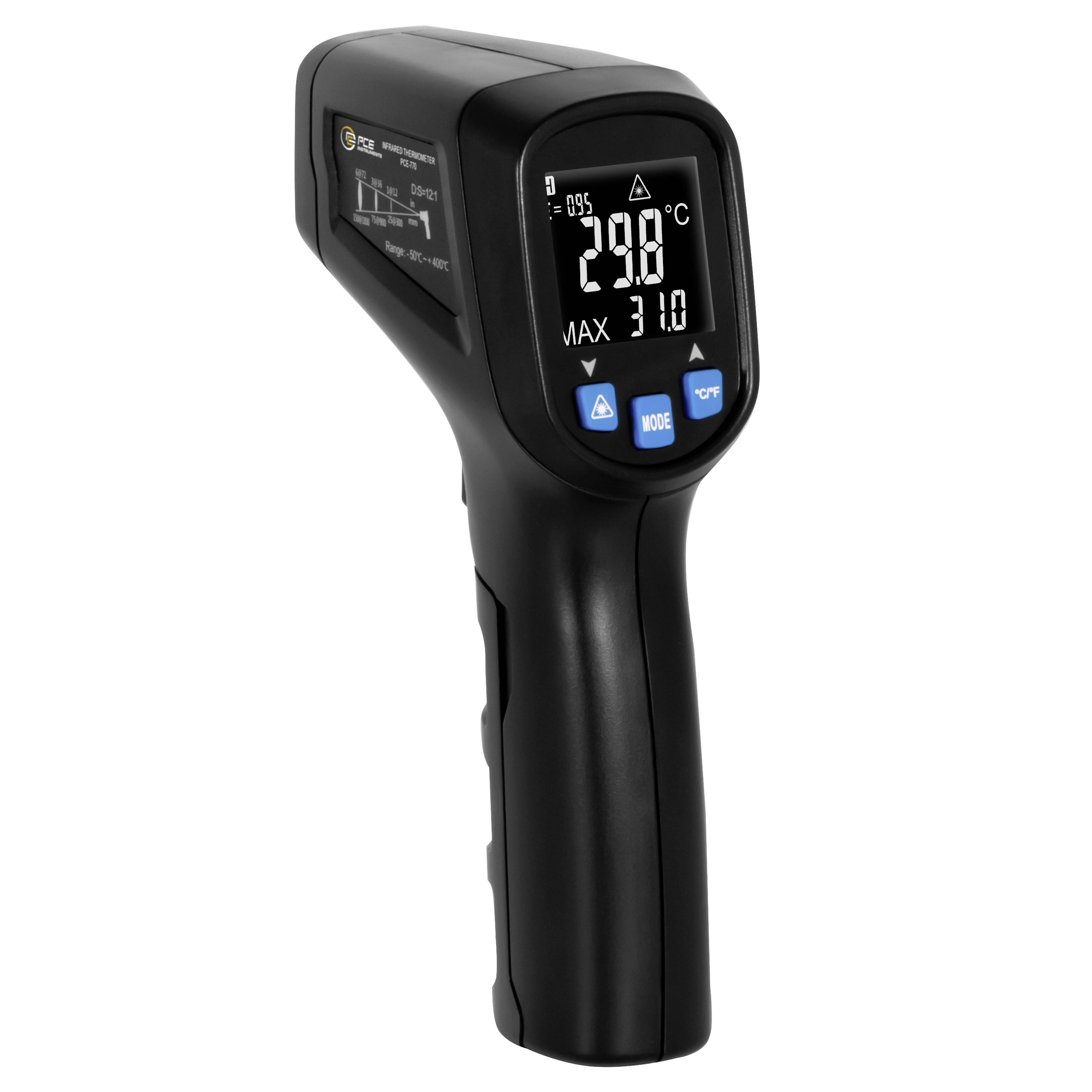 Schwarzes tragbares Infrarotthermometer mit einer digitalen Temperaturanzeige von 29,8°C auf seinem Display.