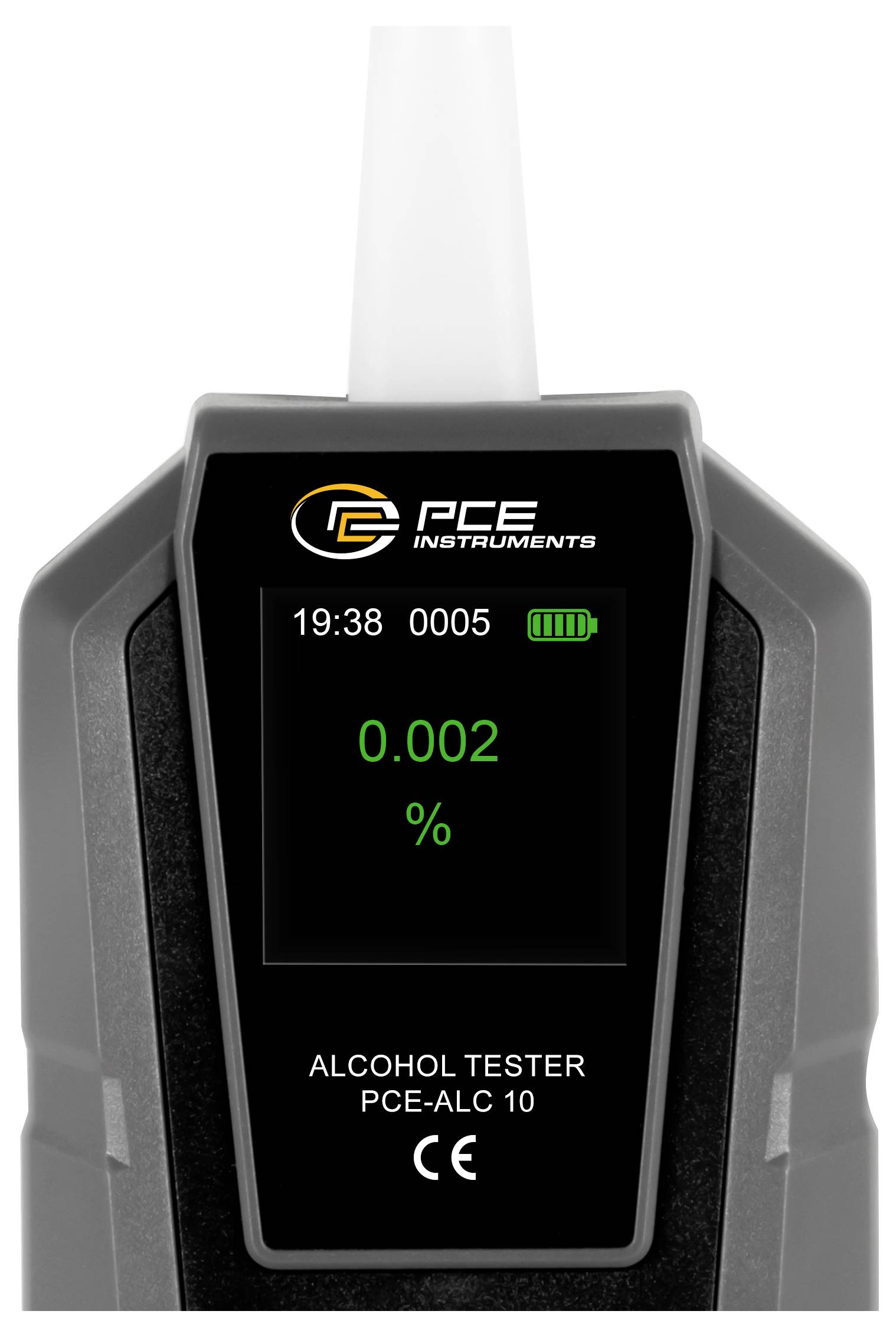 Digitales Alkoholtestgerät mit Mundstück, das auf dem Display einen Messwert von 0,002% anzeigt; gekennzeichnet als PCE Instruments PCE-ALC 10.
