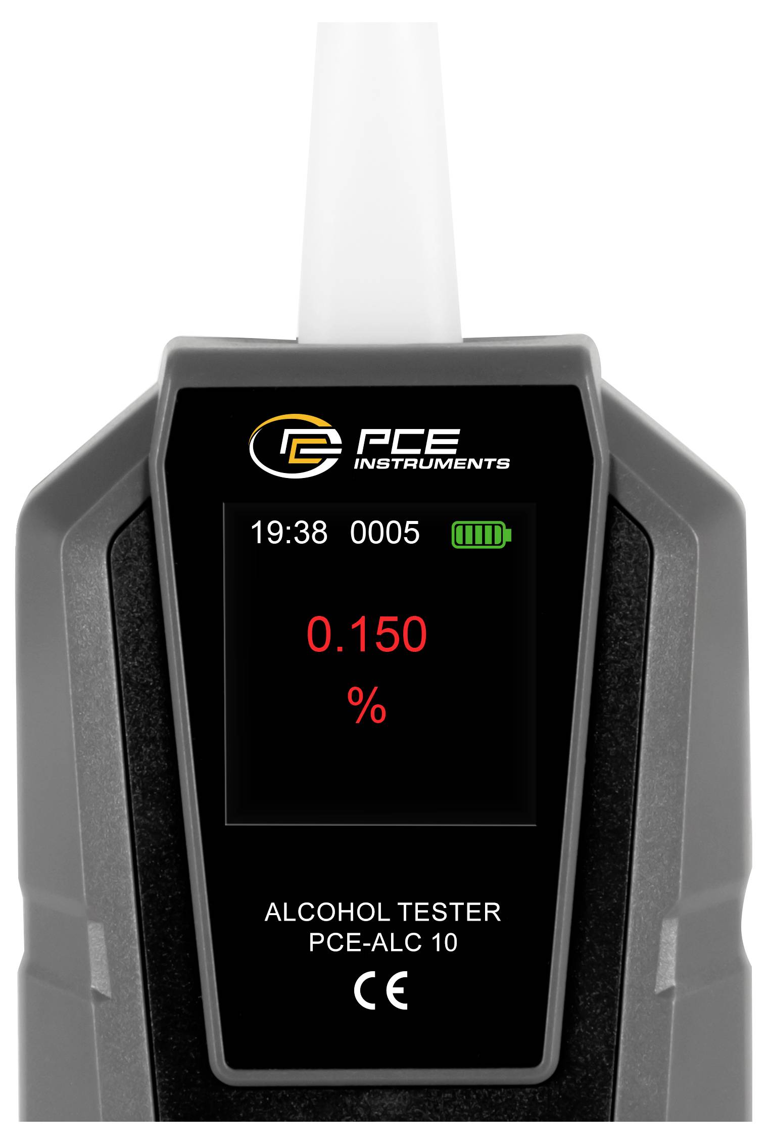 Tragbares Alkoholtestgerät mit Anzeige von 0,150% auf dem Bildschirm, gekennzeichnet als PCE Alkoholtester PCE-ALC 10.