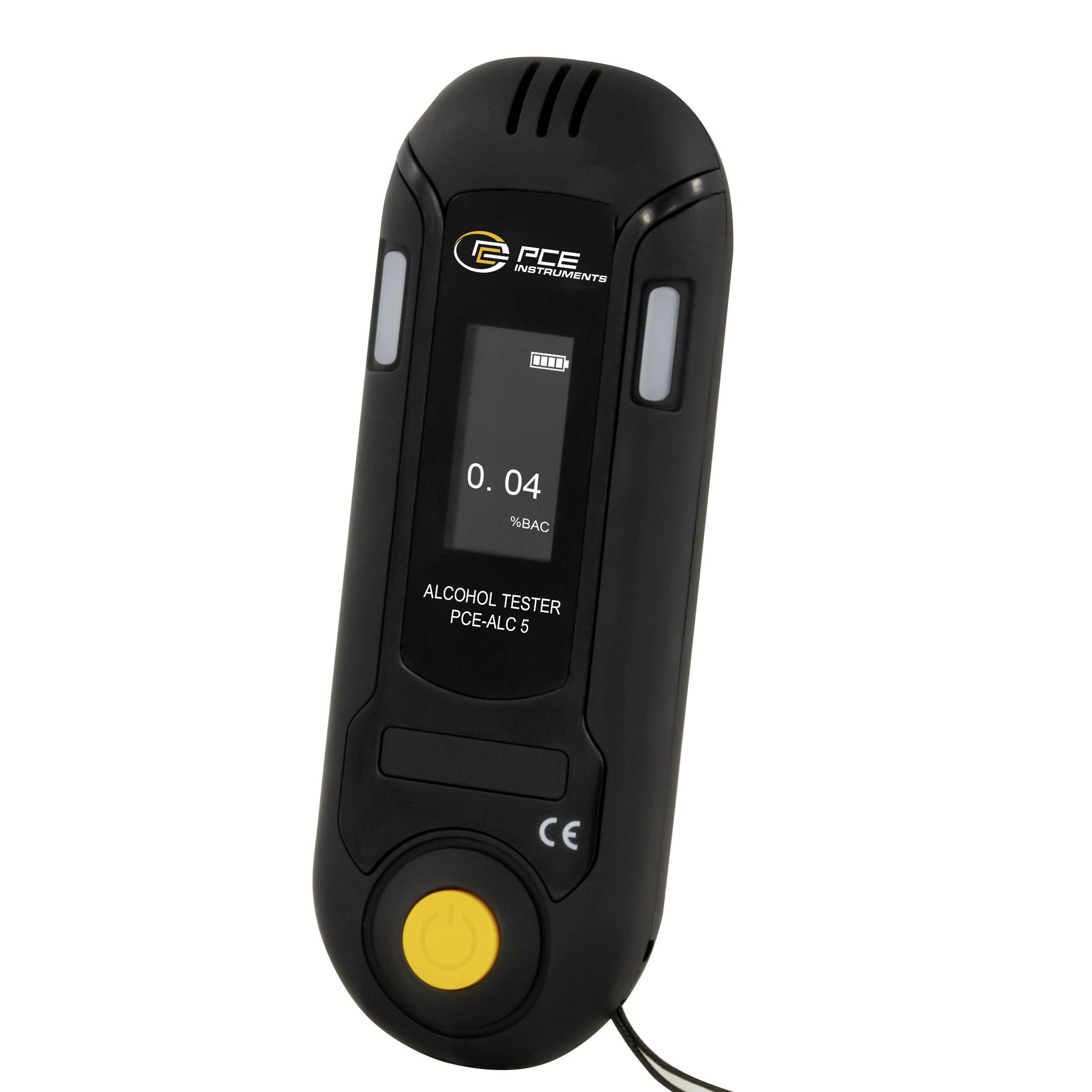 Tragbarer PCE-Alkoholtester zeigt 0,04% BAK auf seinem Display an, mit gelbem Netzschalter und Handgelenkschlaufe.