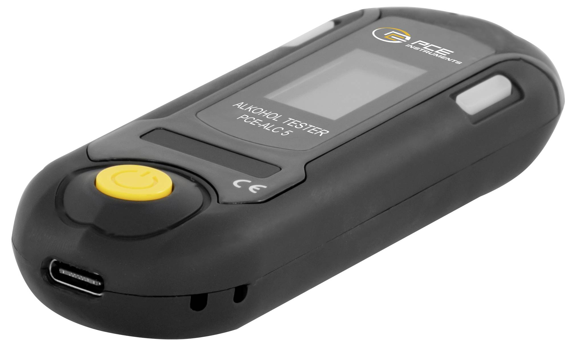 Schwarzes tragbares Alkoholtestgerät mit kleinem Display, gelbem Einschaltknopf und USB-C-Ladeanschluss, auf weißem Hintergrund dargestellt.