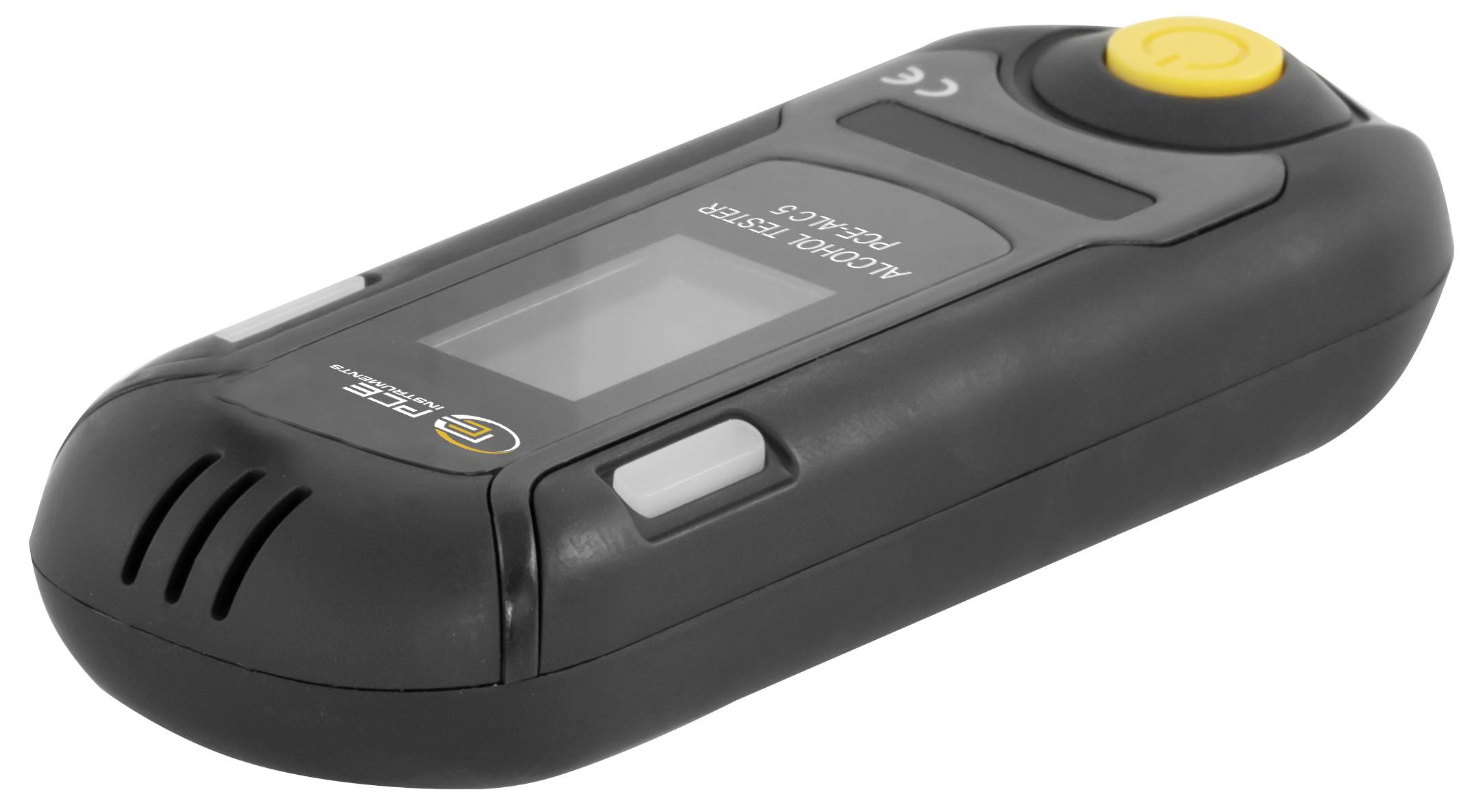Schwarzes tragbares elektronisches Gerät mit Bildschirm, Seitentaste und gelber oberer Taste, gezeigt vor weißem Hintergrund.