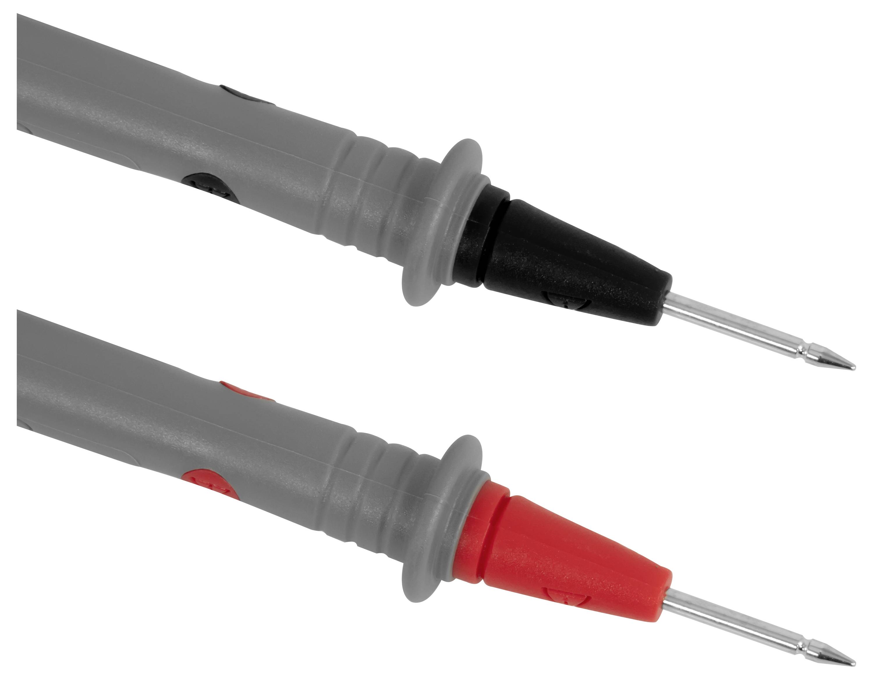 Zwei Testprüfspitzen mit grauen Griffen und Metallspitzen, eine mit schwarzem Stecker und eine mit rotem Stecker, auf weißem Hintergrund dargestellt.
