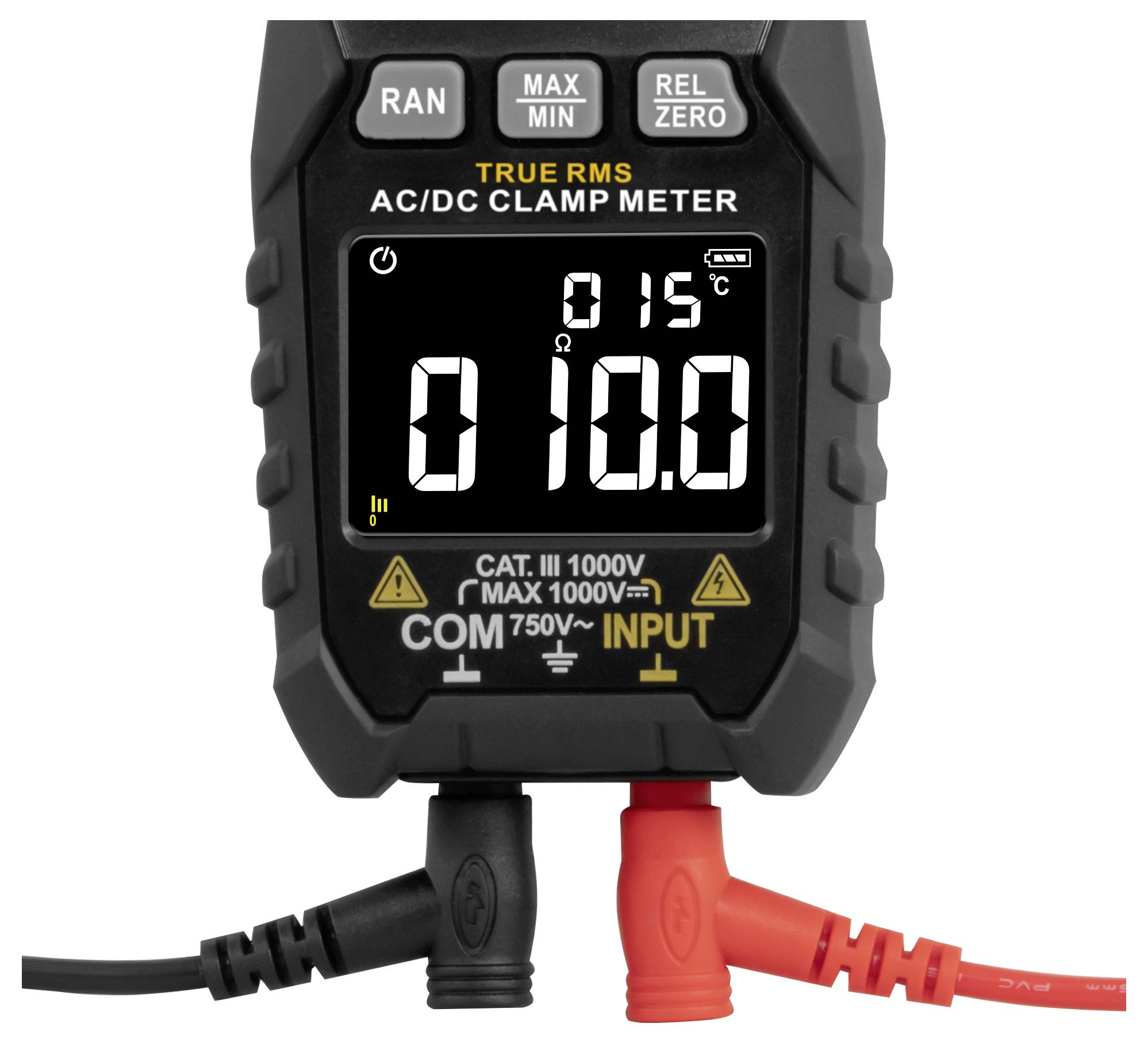 Digitales AC/DC-Zangenamperemeter, das eine Widerstandsmessung von 10,0 Ohm anzeigt, mit angeschlossenen roten und schwarzen Messleitungen.