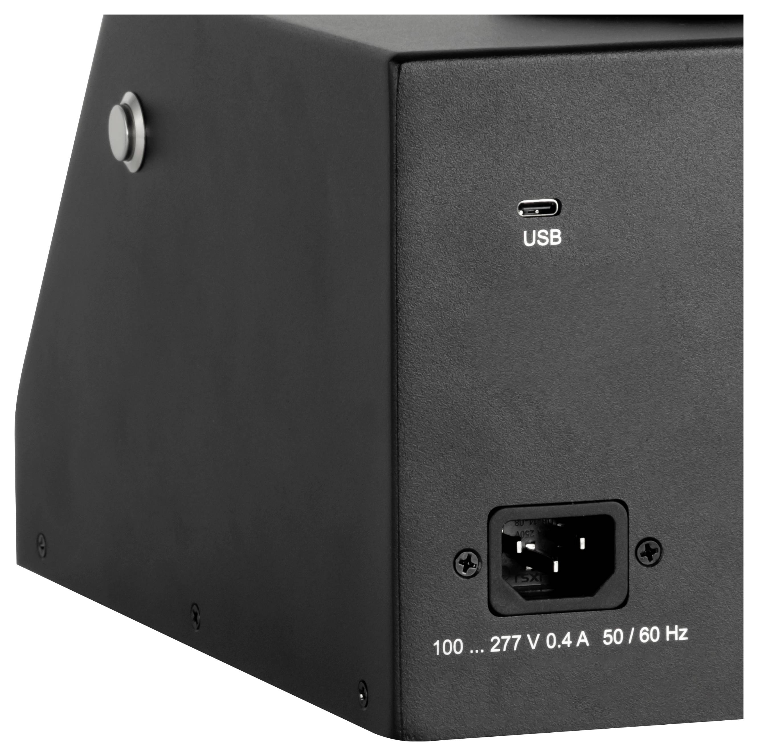 Schwarzes Metallgerät mit Rückseite mit USB-C-Anschluss mit der Bezeichnung „USB