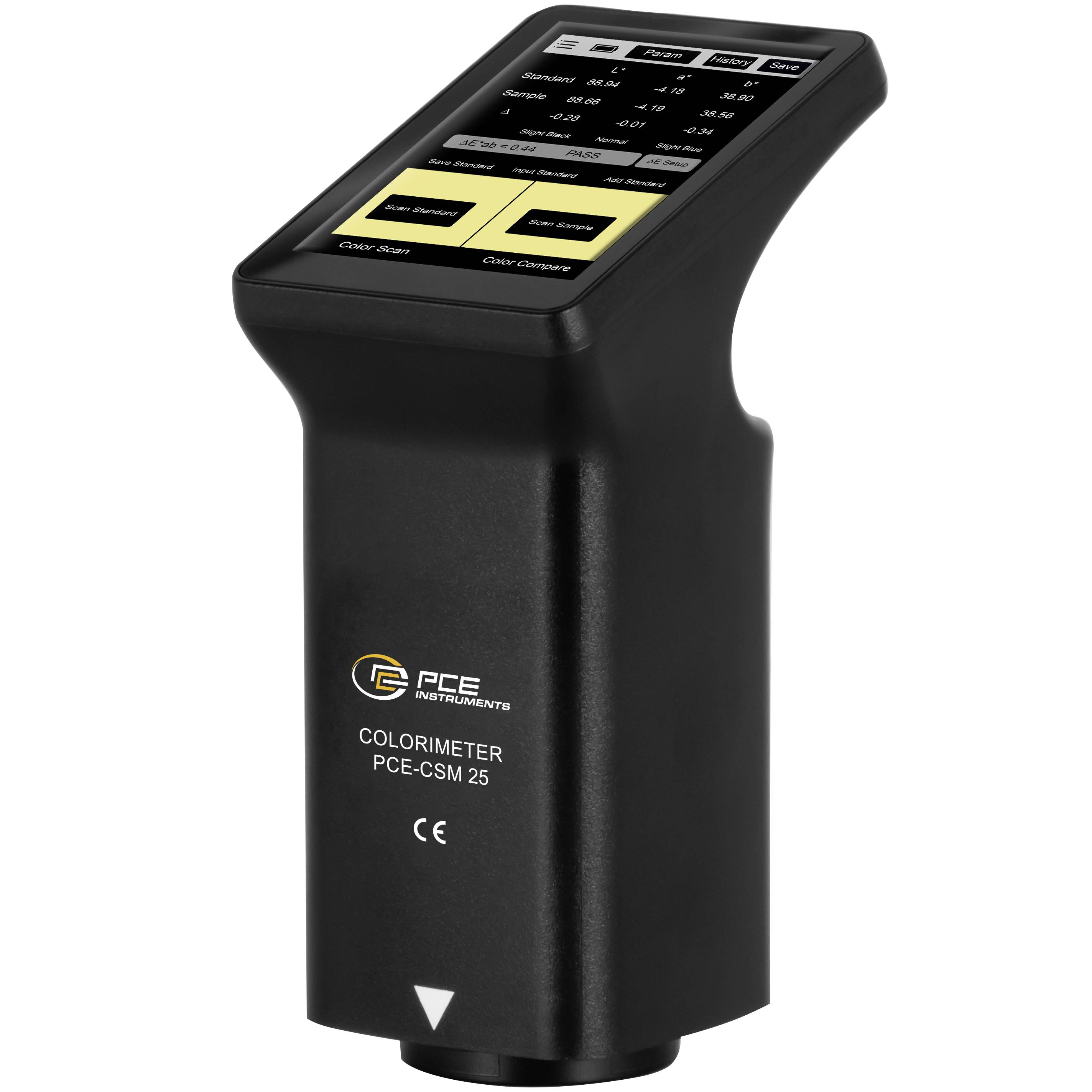 Schwarzes tragbares Kolorimeter-Gerät mit der Bezeichnung „PCE Instruments COLORIMETER PCE-CSM 25
