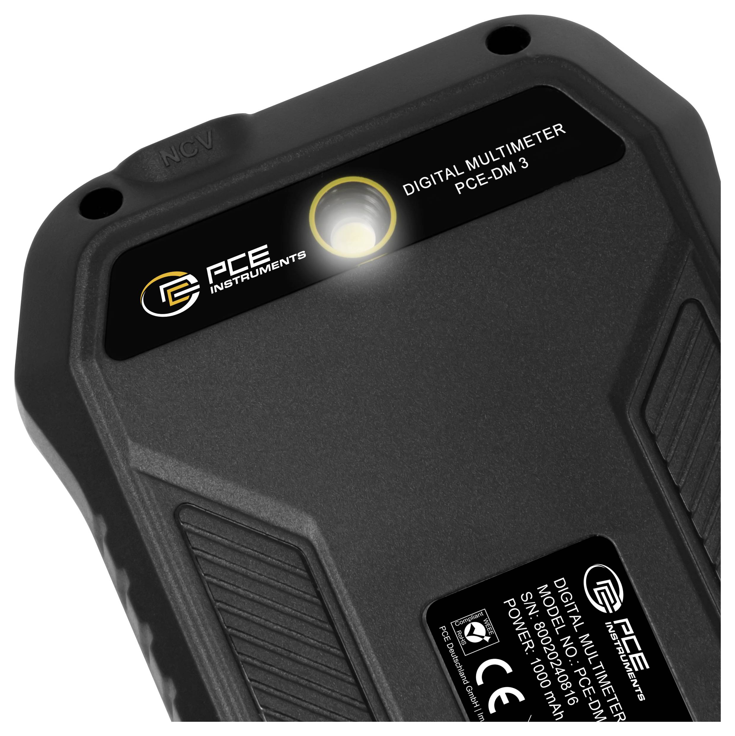 Schwarzes tragbares digitales Multimeter von PCE Instruments, mit der Bezeichnung „PCE-DM 3