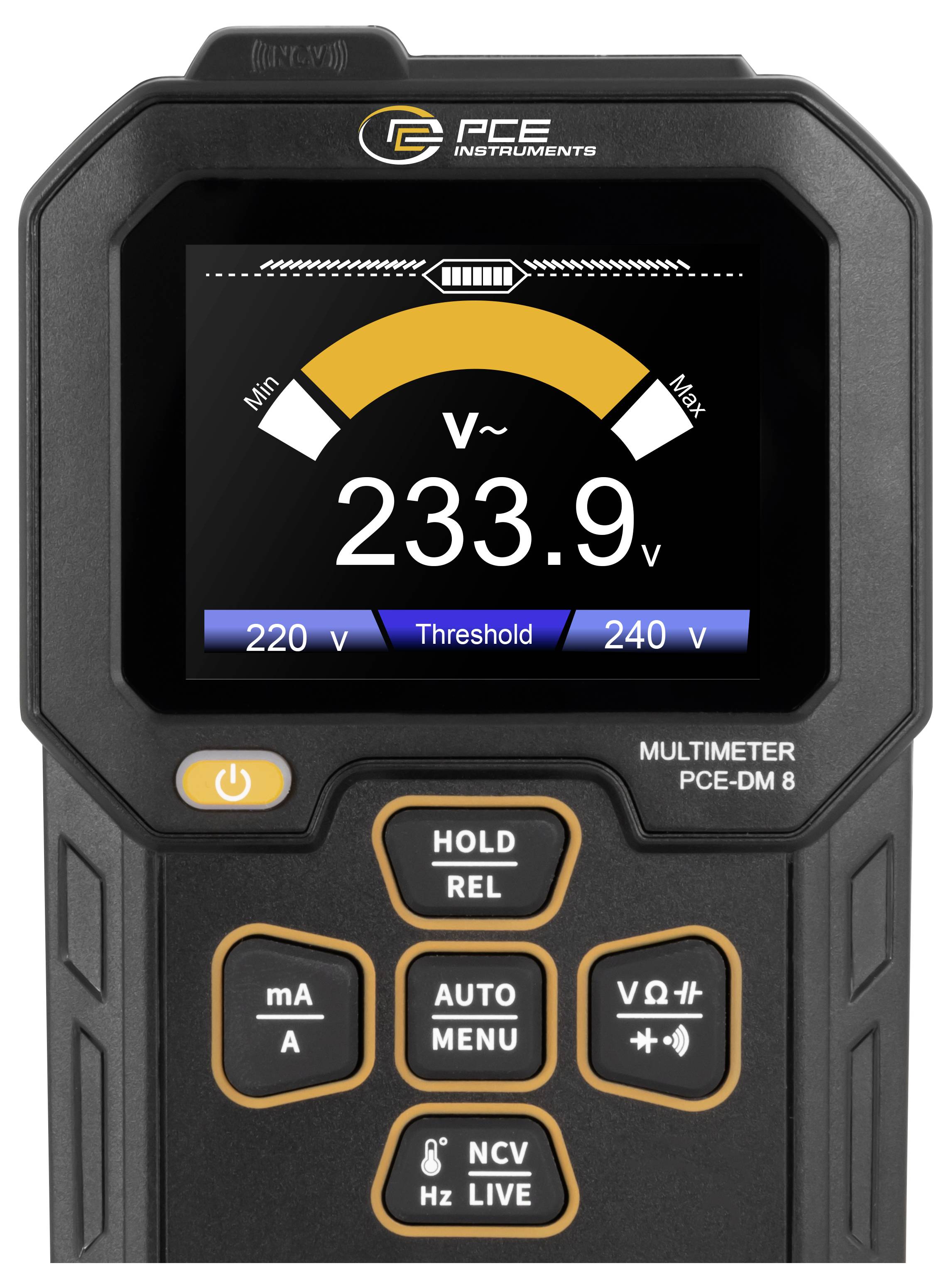 Digitales Multimeter im Wechselspannungsmodus, Anzeige 233,9 V, mit Schwellenwertmarkierungen bei 220 V und 240 V.