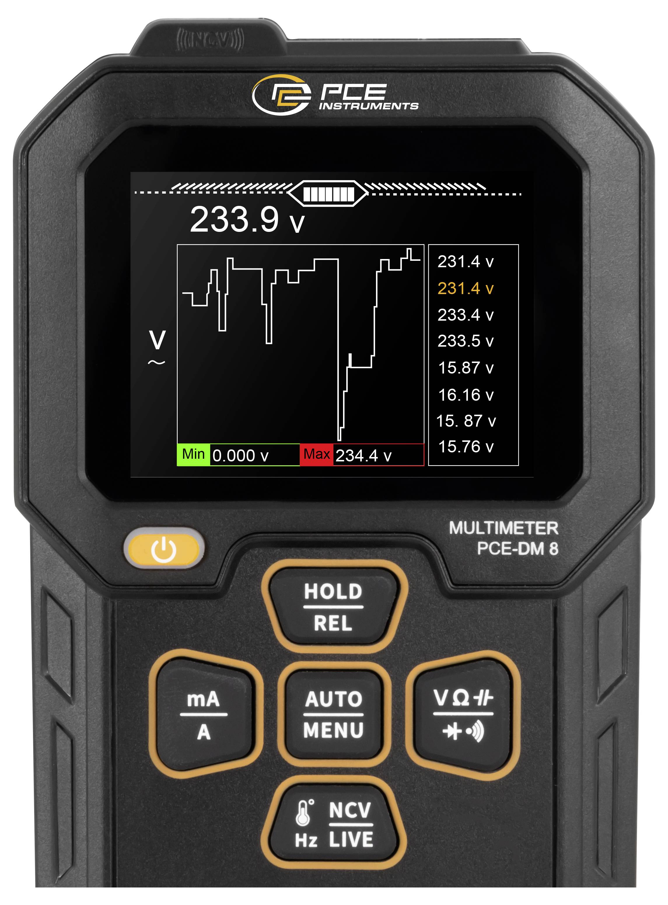 Digitales Multimeter-Display zeigt eine Wechselspannungsmessung von 233,9 V mit einem Live-Diagramm und Minimal-/Maximalwerten.