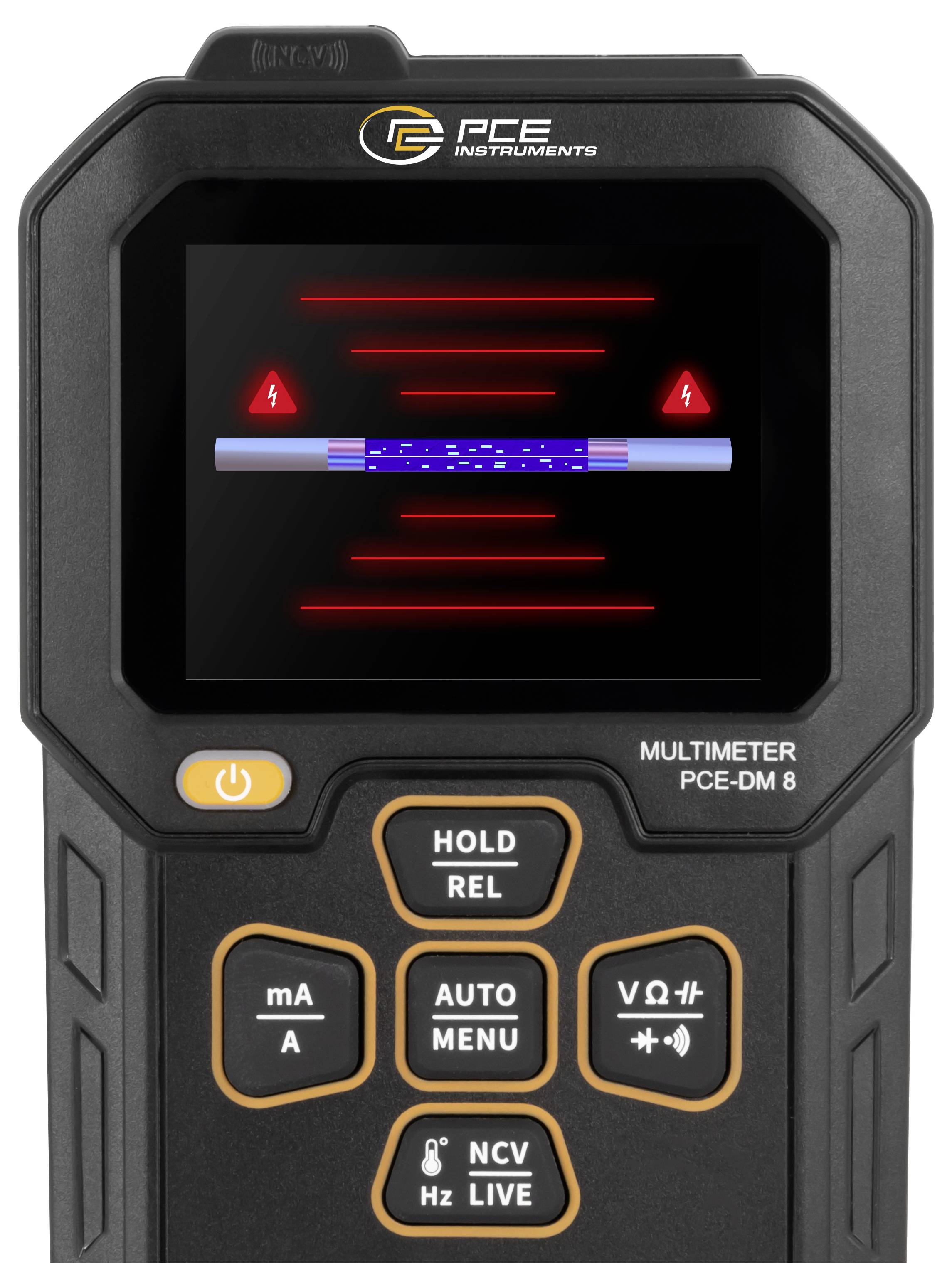 Vorderansicht eines PCE DM-8 Multimeters, das eine stromführende Leitung auf dem Display zeigt, mit roten Warnindikatoren, die auf eine Spannungserkennung oder Sicherheitsprüfung hindeuten.
