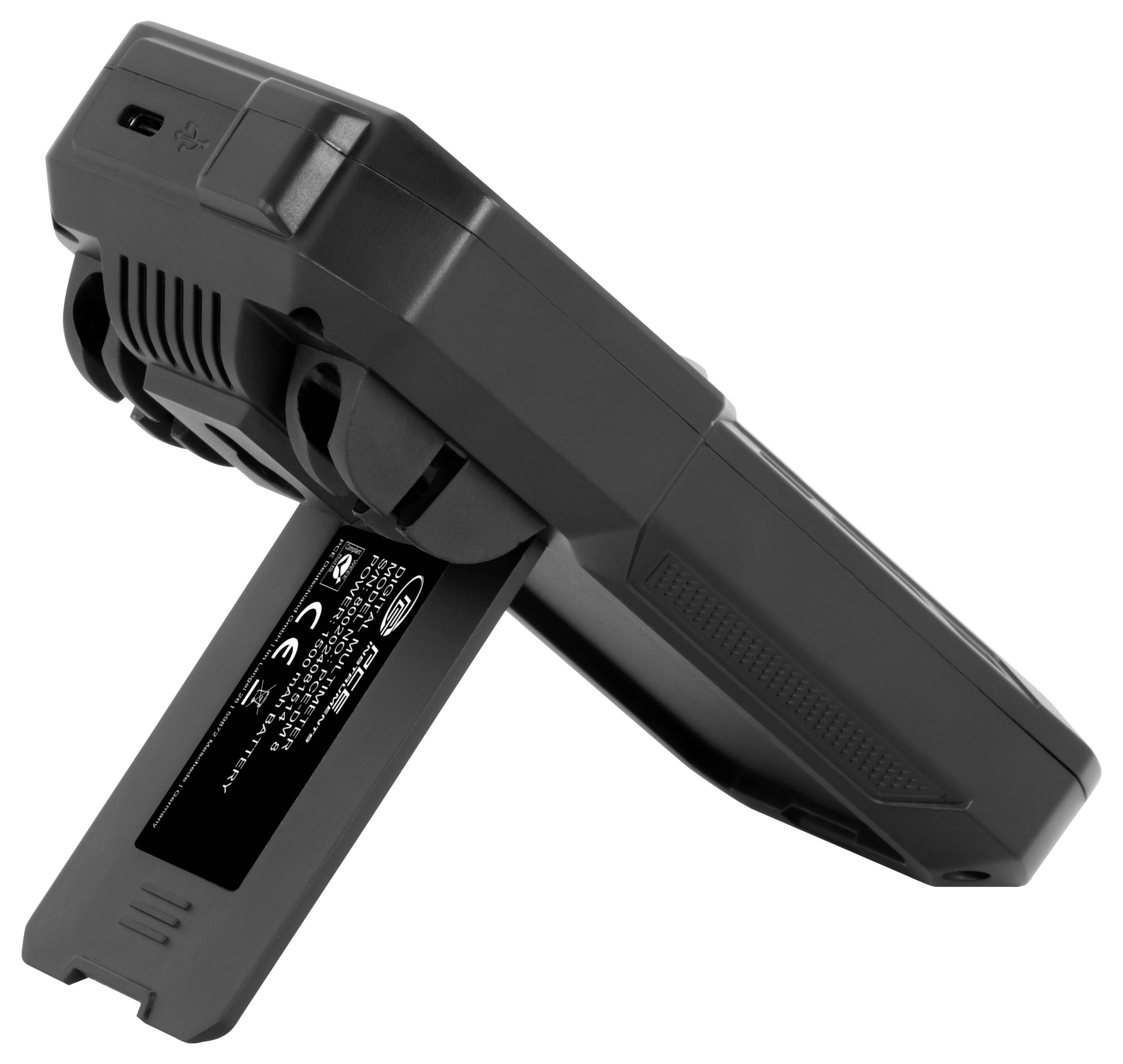 Schwarzes Batterie-Pack mit ausklappbarem Ständer, in der Seitenansicht auf weißem Hintergrund dargestellt.