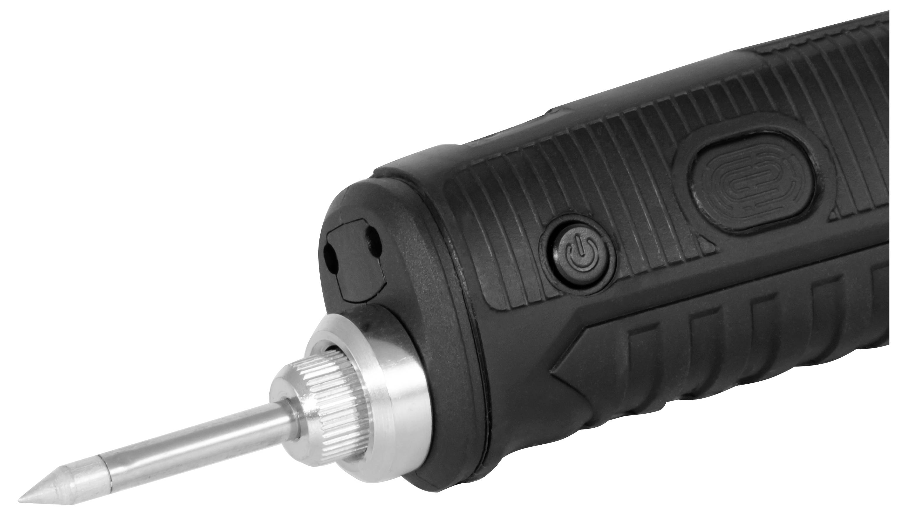 Schwarzes tragbares elektrisches Gravurwerkzeug mit einem spitzen Metallbit, das von vorne herausragt.