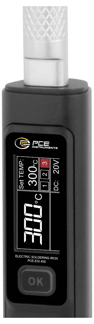Schwarzer digitaler elektrischer Lötkolben-Regler zeigt 300°C und 20V mit einer OK-Taste an.