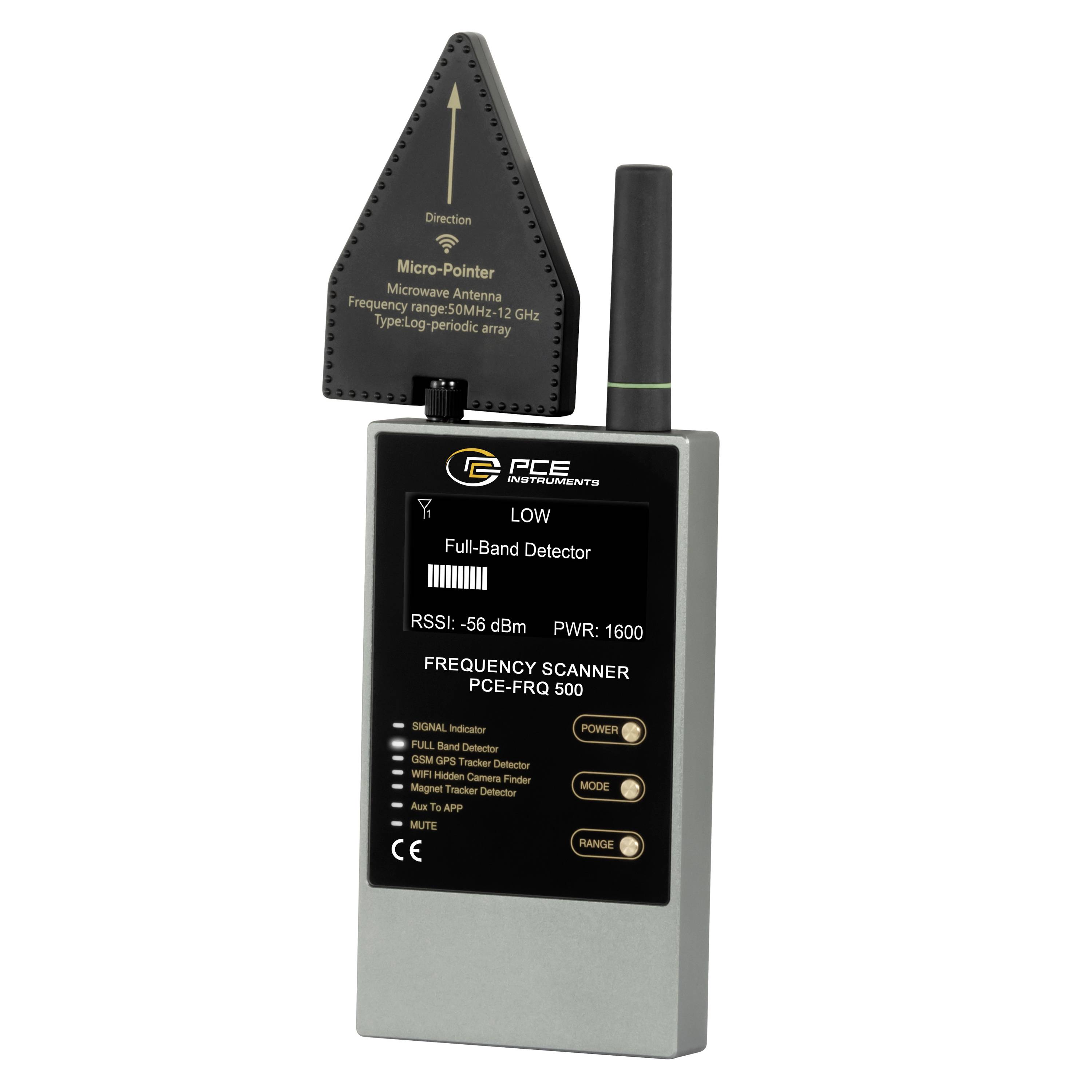 Tragbarer PCE-Frequenzscanner mit Antenne und Display, das „LOW
