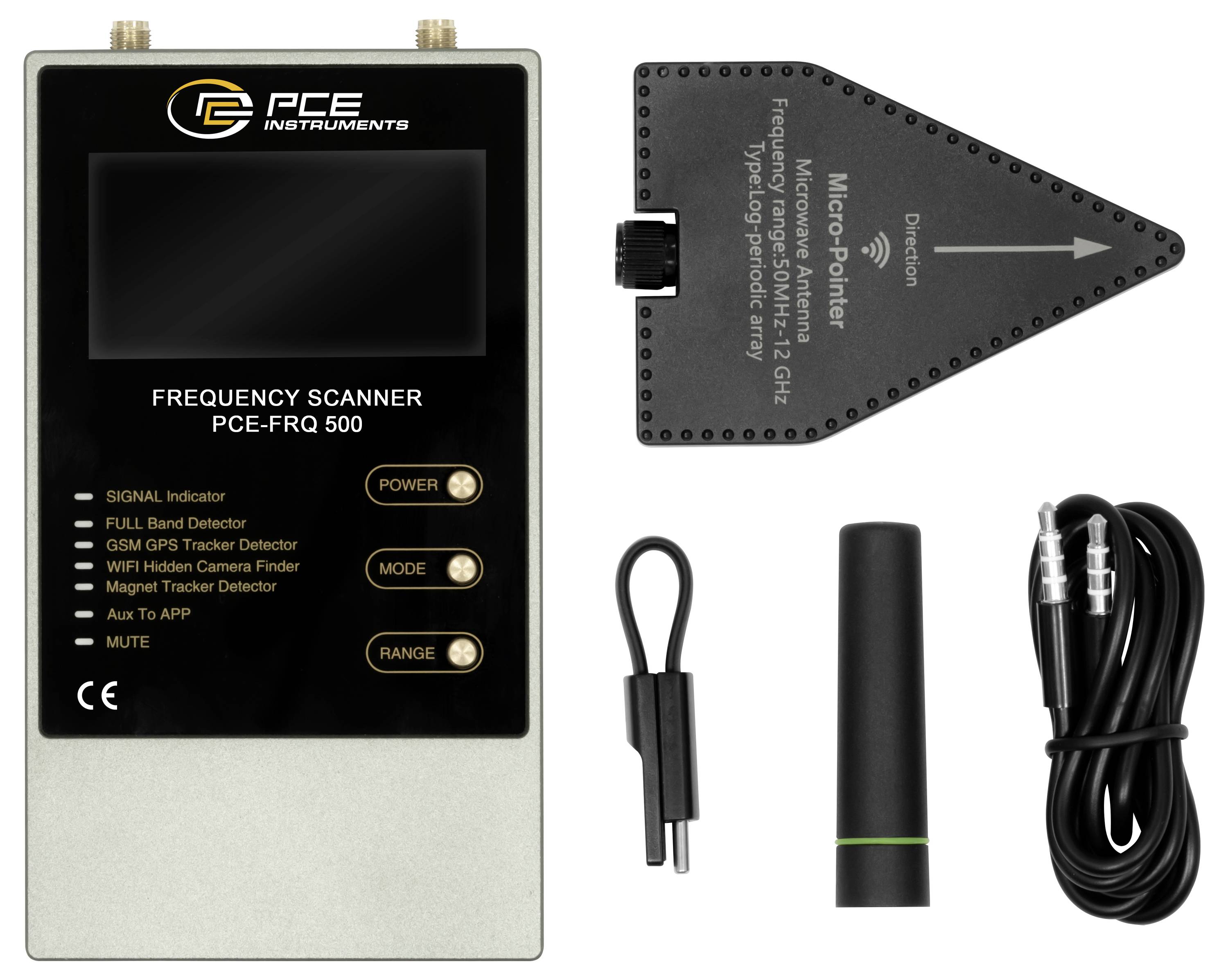 PCE Instruments Frequenzscanner-Set mit tragbarem Scanner, Richtantenne, kleiner Sonde, schwarzem Zylinder und Spiralkabel auf weißem Hintergrund.