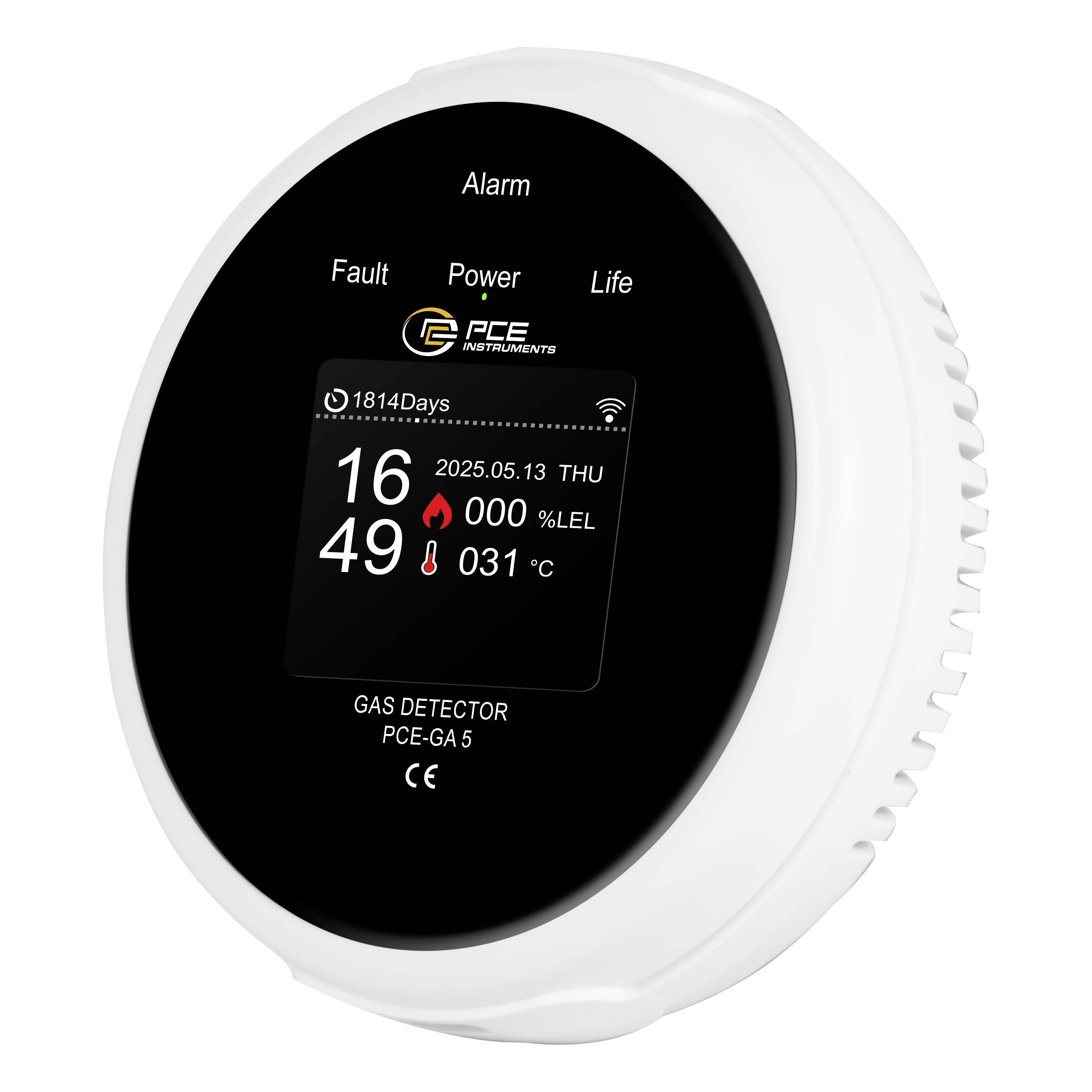 Weißer wandmontierter Gasdetektor mit schwarzem Frontdisplay, das „Alarm