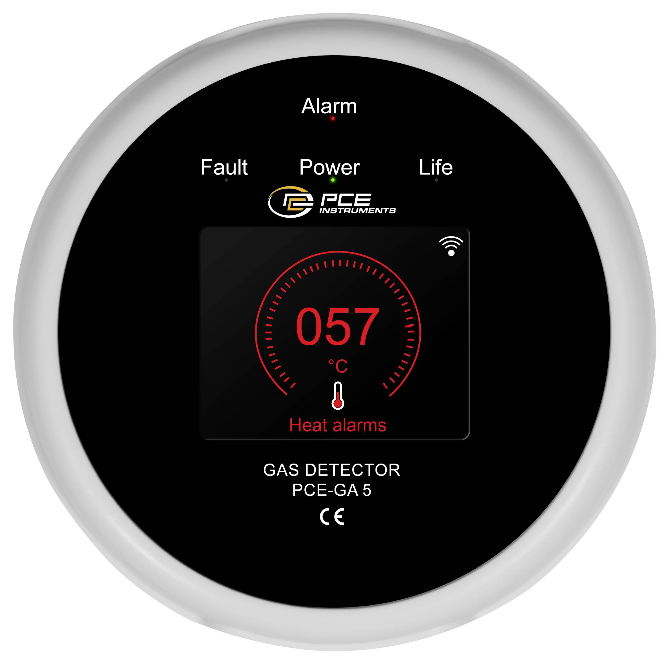 Rundes PCE-Gasdetektor-Display zeigt 057°C mit aktivem 