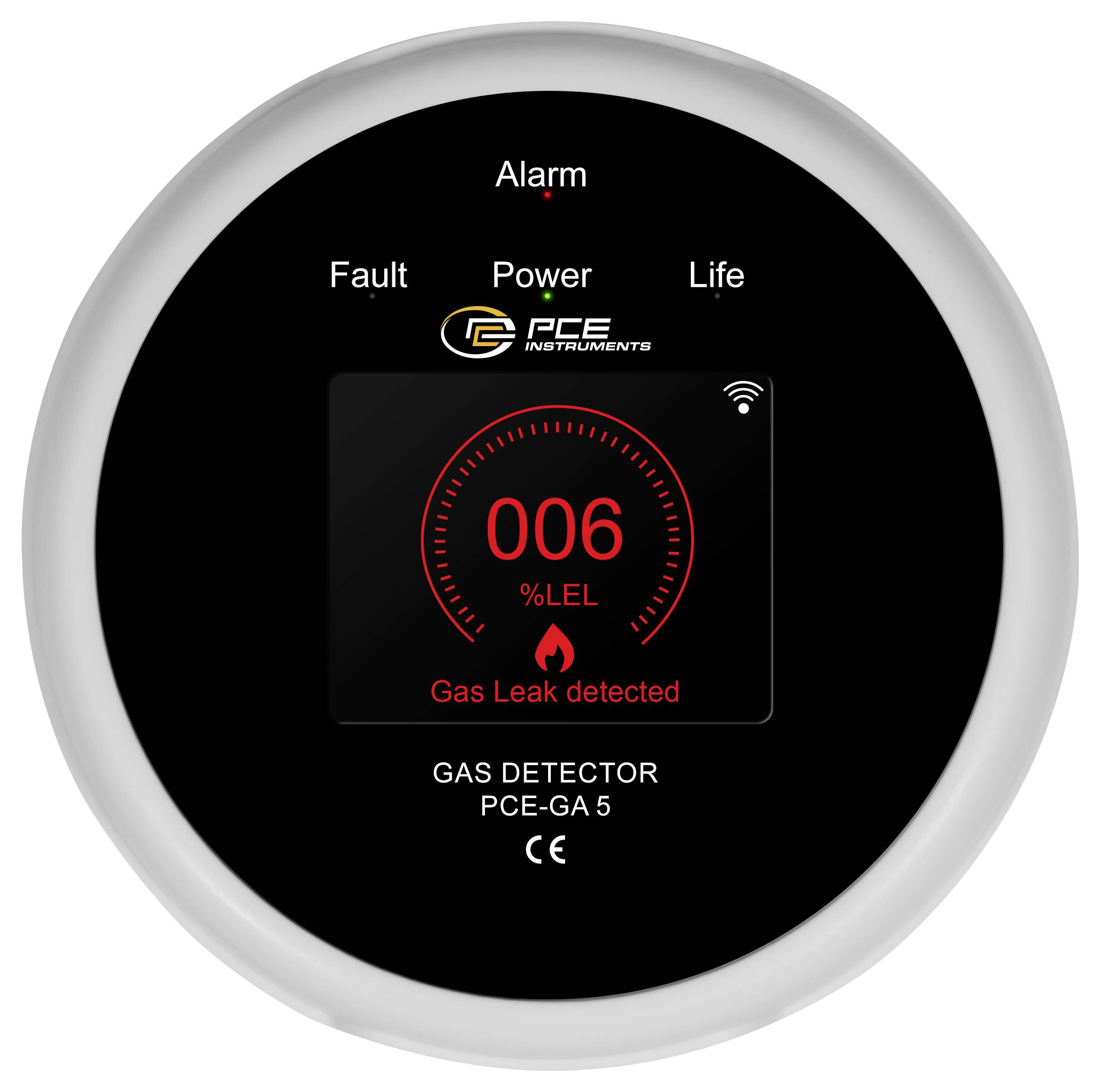 Gasdetektor-Display mit aktivem Alarm: 006% LEL und „Gasleck erkannt