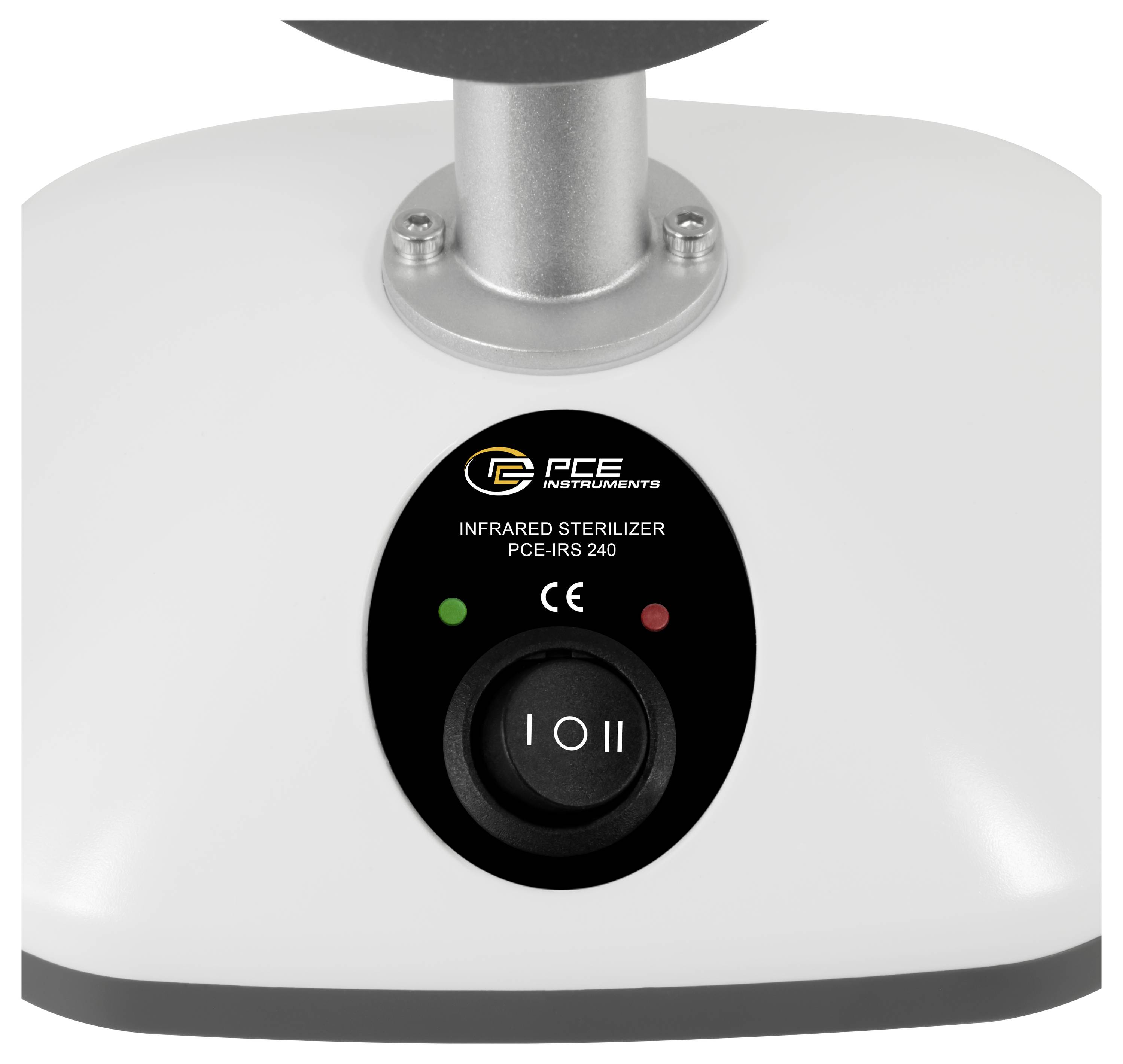 Nahaufnahme eines PCE Instruments Infrarot-Sterilisator-Bedienfelds mit Stromschalter, grüner und roter Kontrollleuchte und CE-Kennzeichnung.