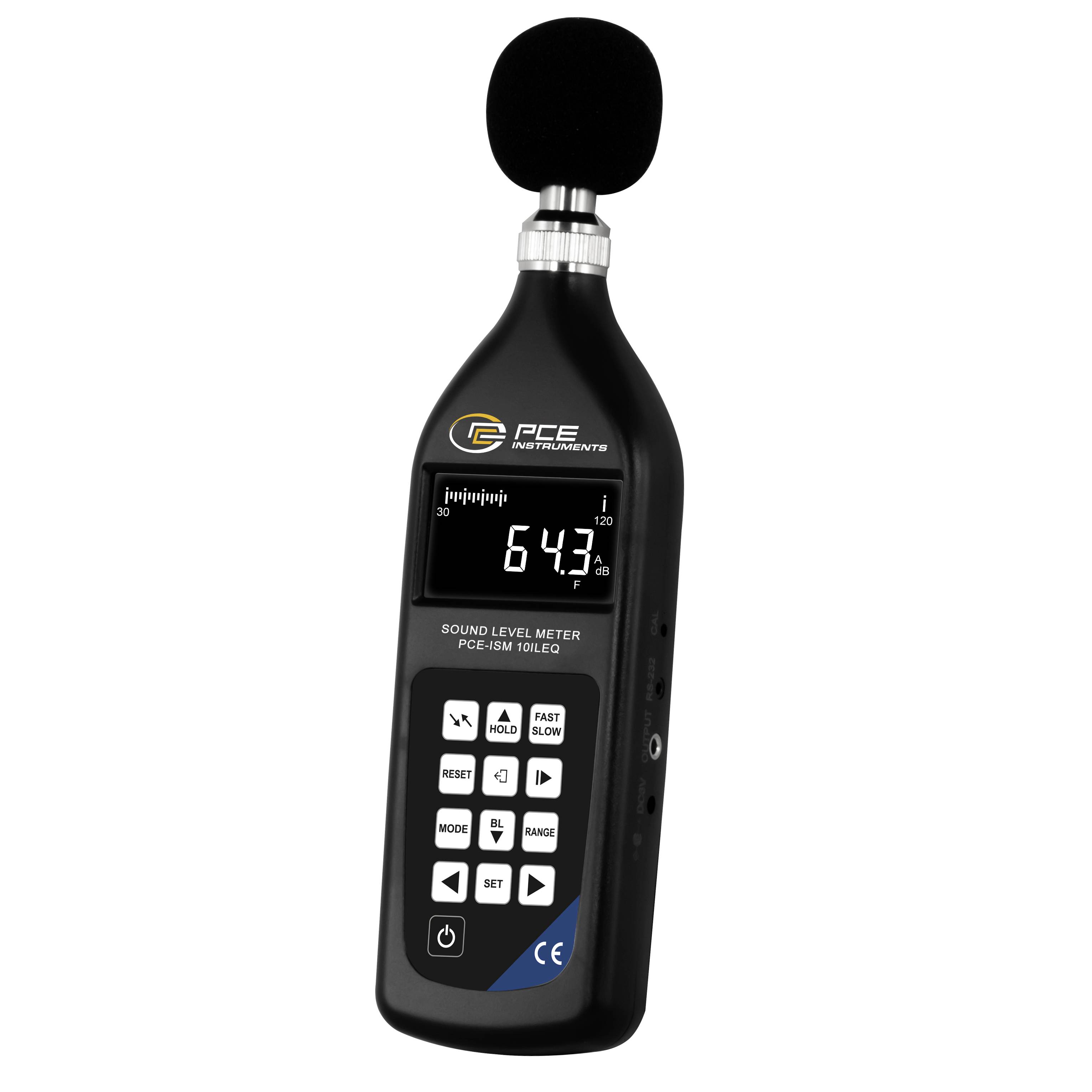 Tragbares Schallpegelmessgerät mit Schaum-Mikrofon-Windschutz, digitales Display zeigt 64,3 dB an, und Steuertasten auf einem schwarzen Gerät.