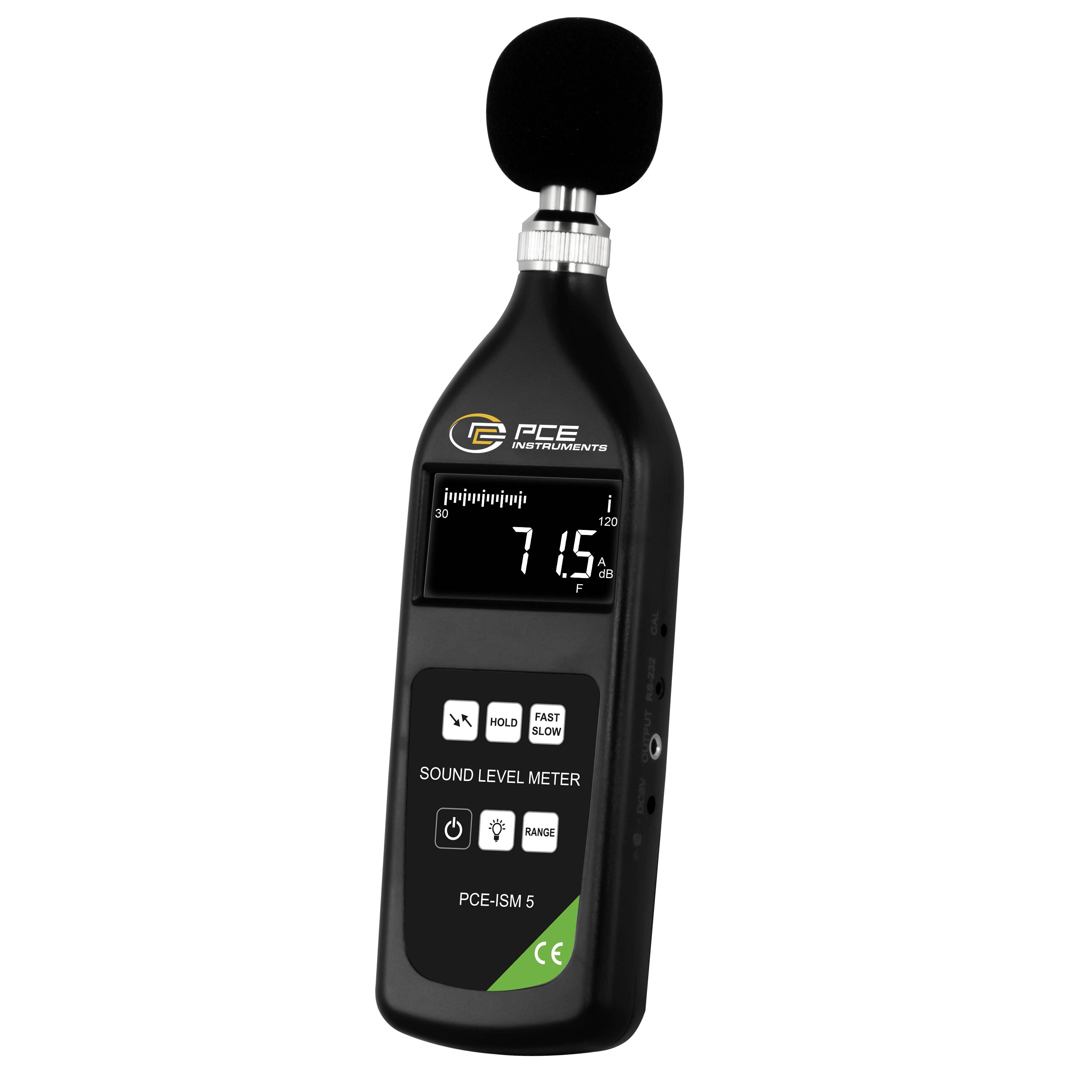 Schwarzes tragbares Schallpegelmessgerät mit Schaumstoff-Mikrofon, digitales Display zeigt 71,5 dB an, und beschriftete Bedienungstasten auf weißem Hintergrund.