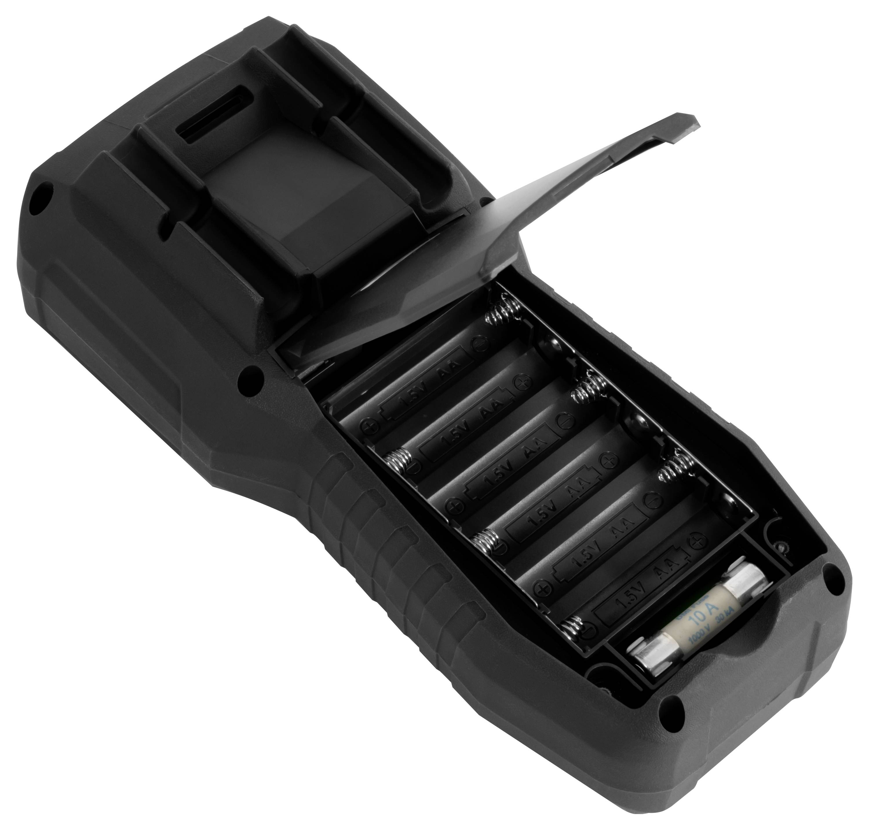 Offenes schwarzes elektronisches Gerät mit aufklappbarem Deckel, das vier AAA-Batterieschächte und eine eingebaute Batterie zeigt