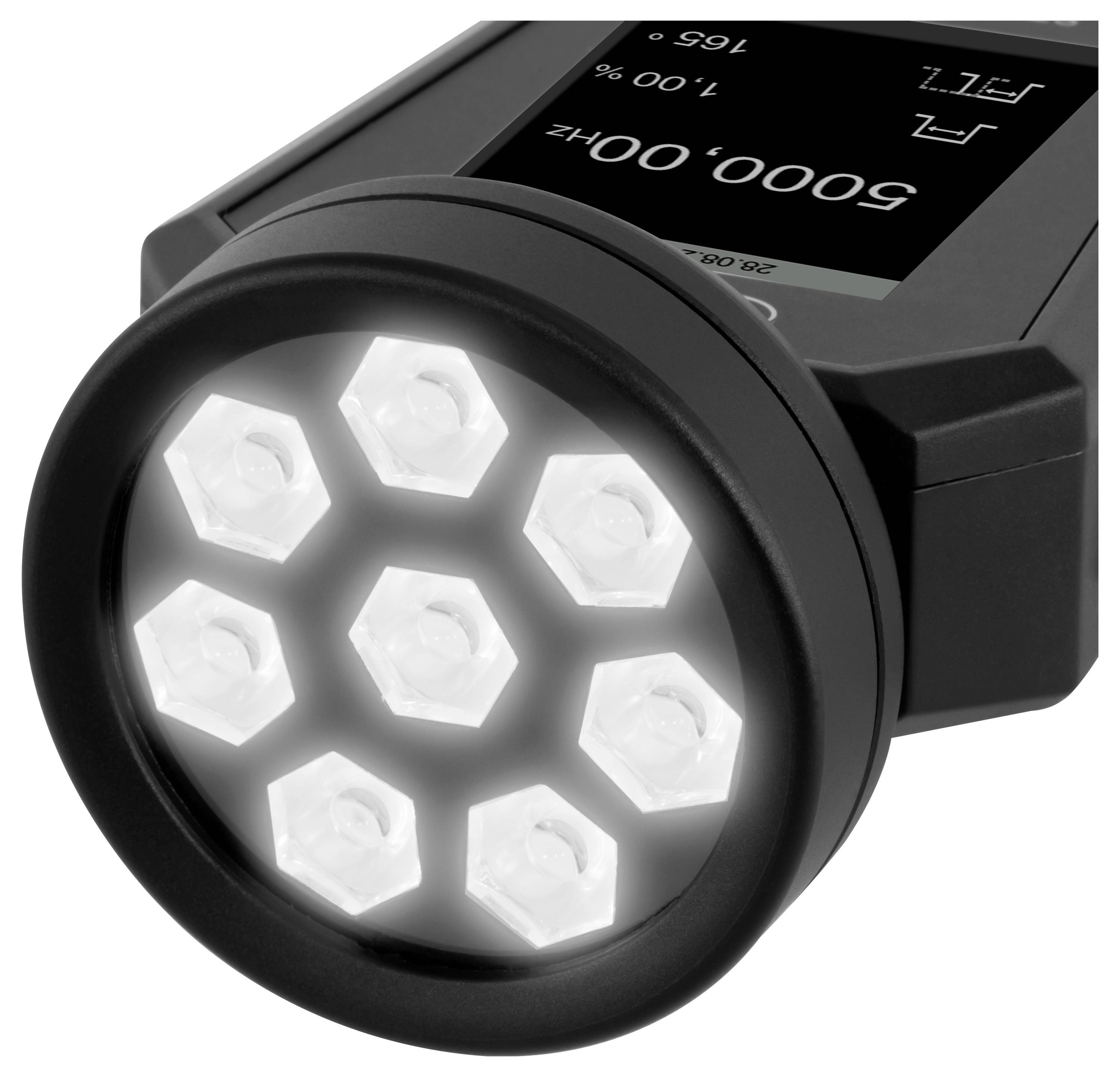 Schwarzes tragbares Gerät mit einem runden Kopf aus acht weißen LEDs und einem digitalen Display, gezeigt auf weißem Hintergrund.