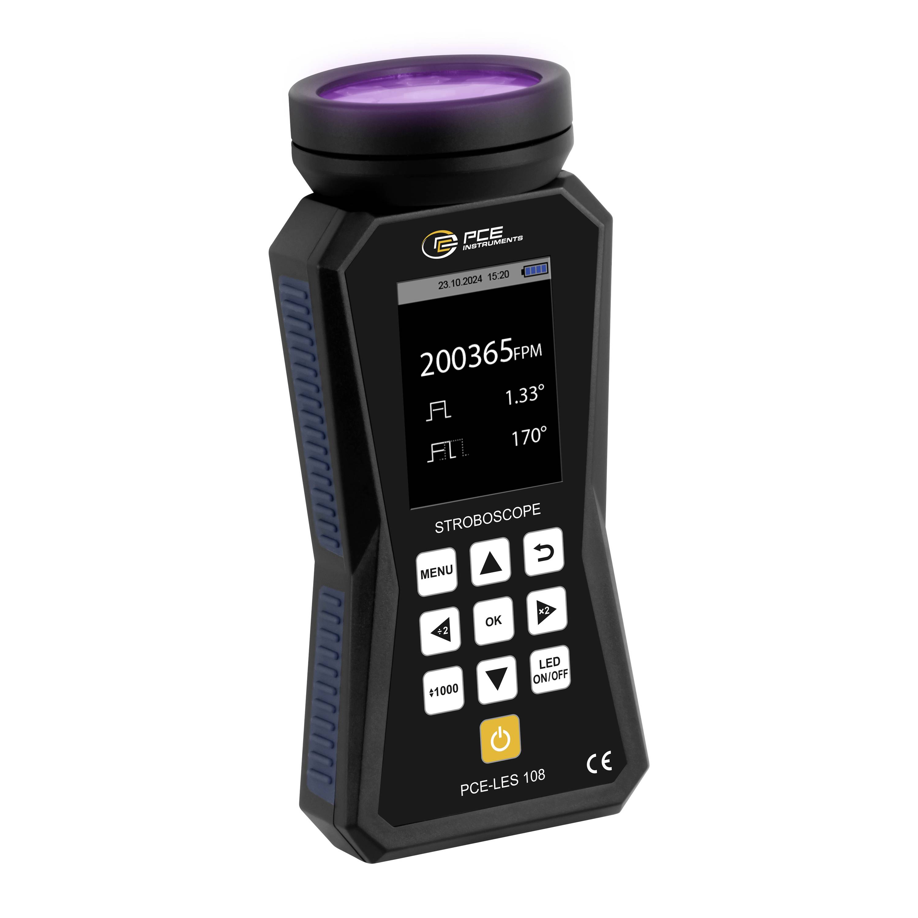Tragbares PCE-Stroboskop-Messinstrument mit Display, Steuertasten und violett getöntem oberen Objektiv auf weißem Hintergrund.