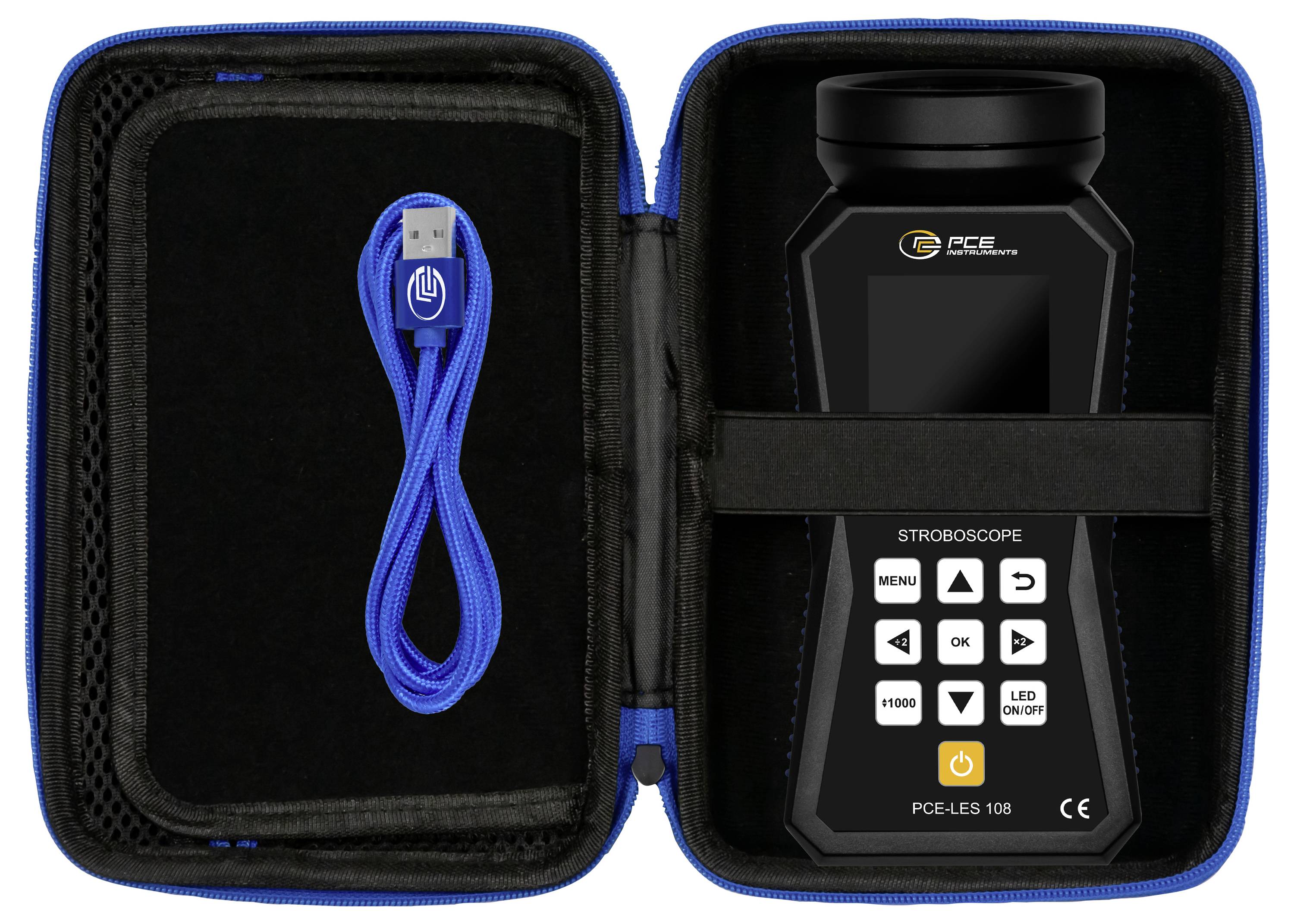 Offenes Transportetui mit einem Stroboskop-Messgerät auf der rechten Seite und einem blauen USB-Kabel auf der linken Seite.