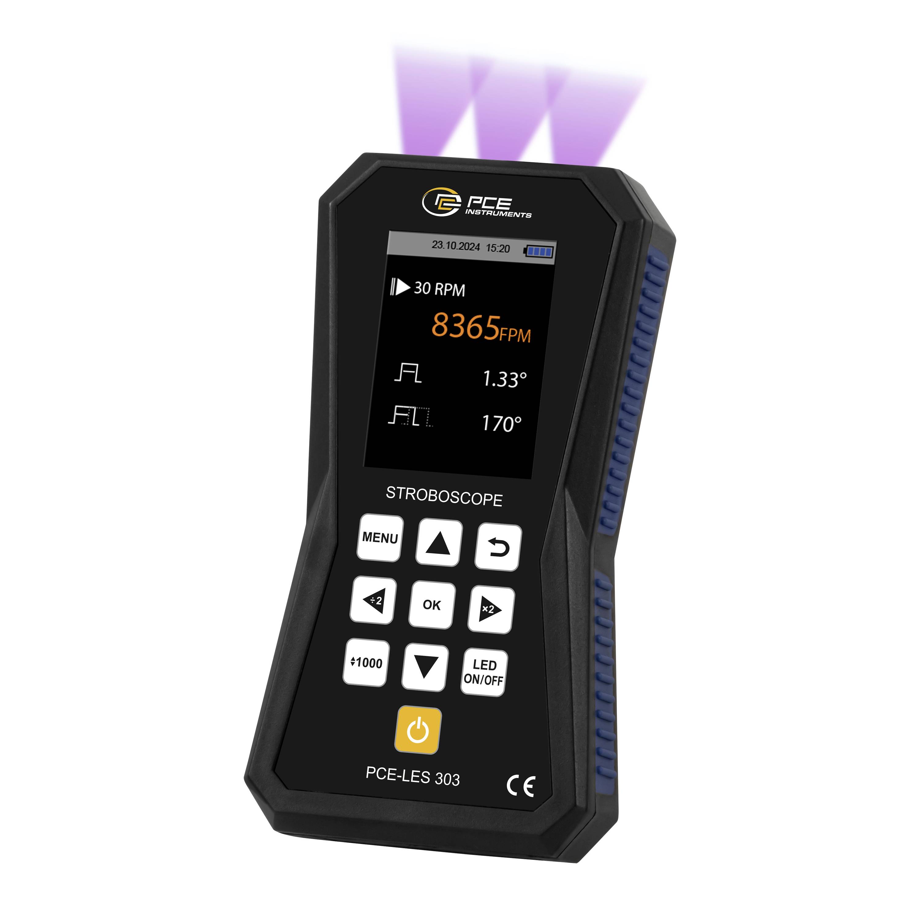 Tragbares PCE-Stroboskop-Tachometer mit Anzeige von 8365 FPM und 30 RPM, mit violettem Stroboskopl licht über dem Gerät.