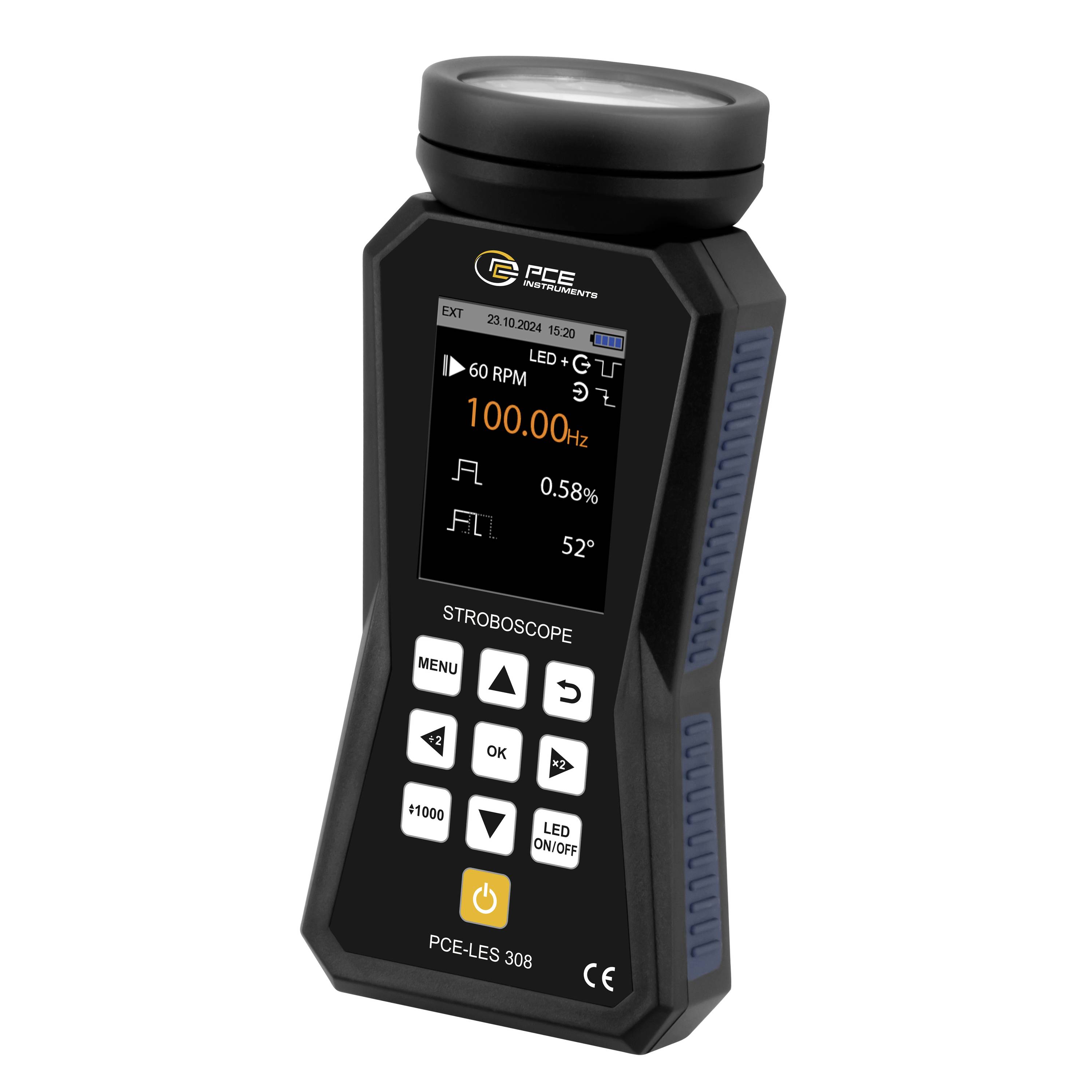 Tragbares digitales Stroboskop-Gerät mit Bildschirm, der 100,00 Hz anzeigt, und Steuertasten.
