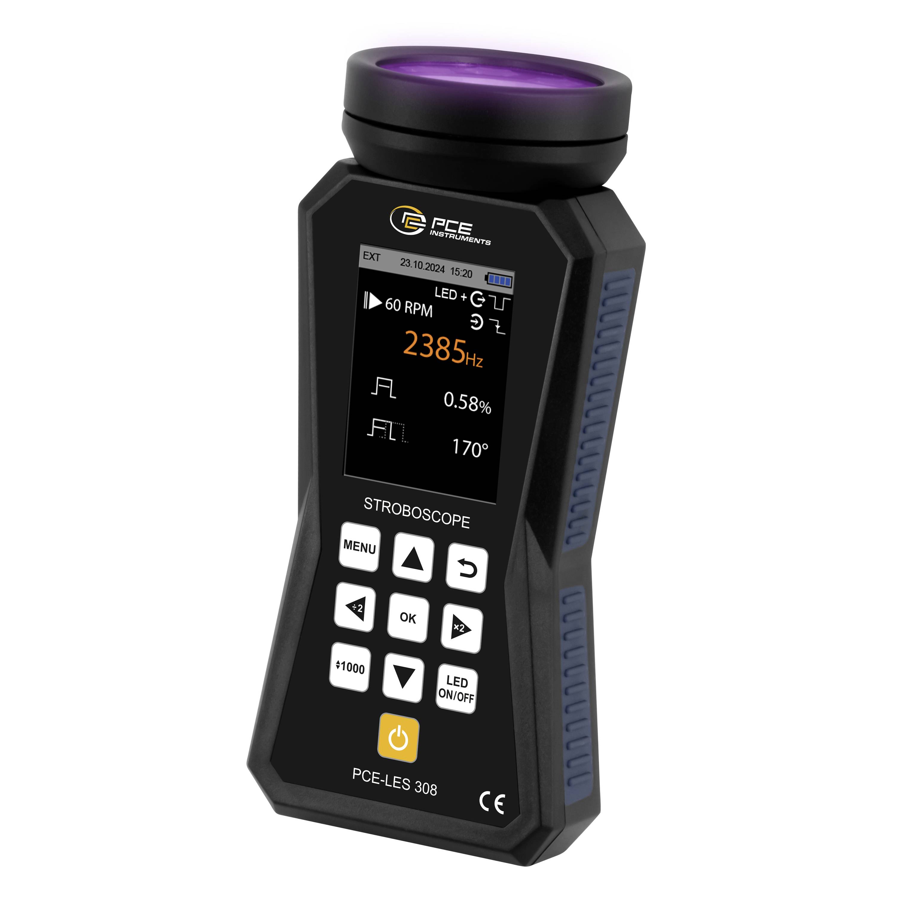 Tragbares Stroboskopgerät mit Display, das 2385 Hz und 60 U/min anzeigt, ausgestattet mit Menütasten und einer violett beleuchteten oberen Linse.