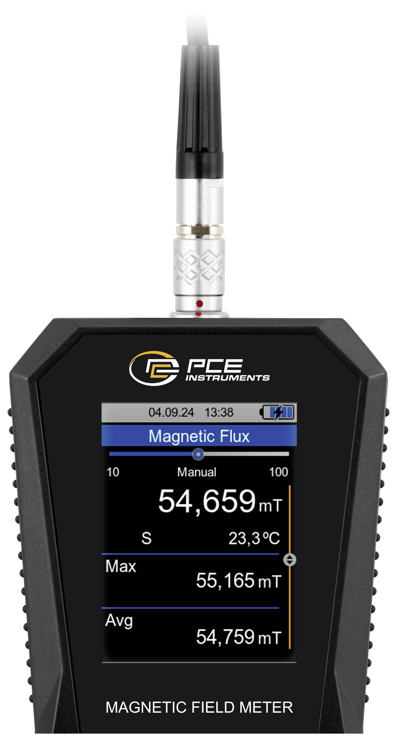 Tragbares PCE-Messinstrument Magnetfeld-Messgerät mit Sonde, das 54.659 mT im manuellen Modus sowie Maximal-/Durchschnittswerte auf dem Bildschirm anzeigt.