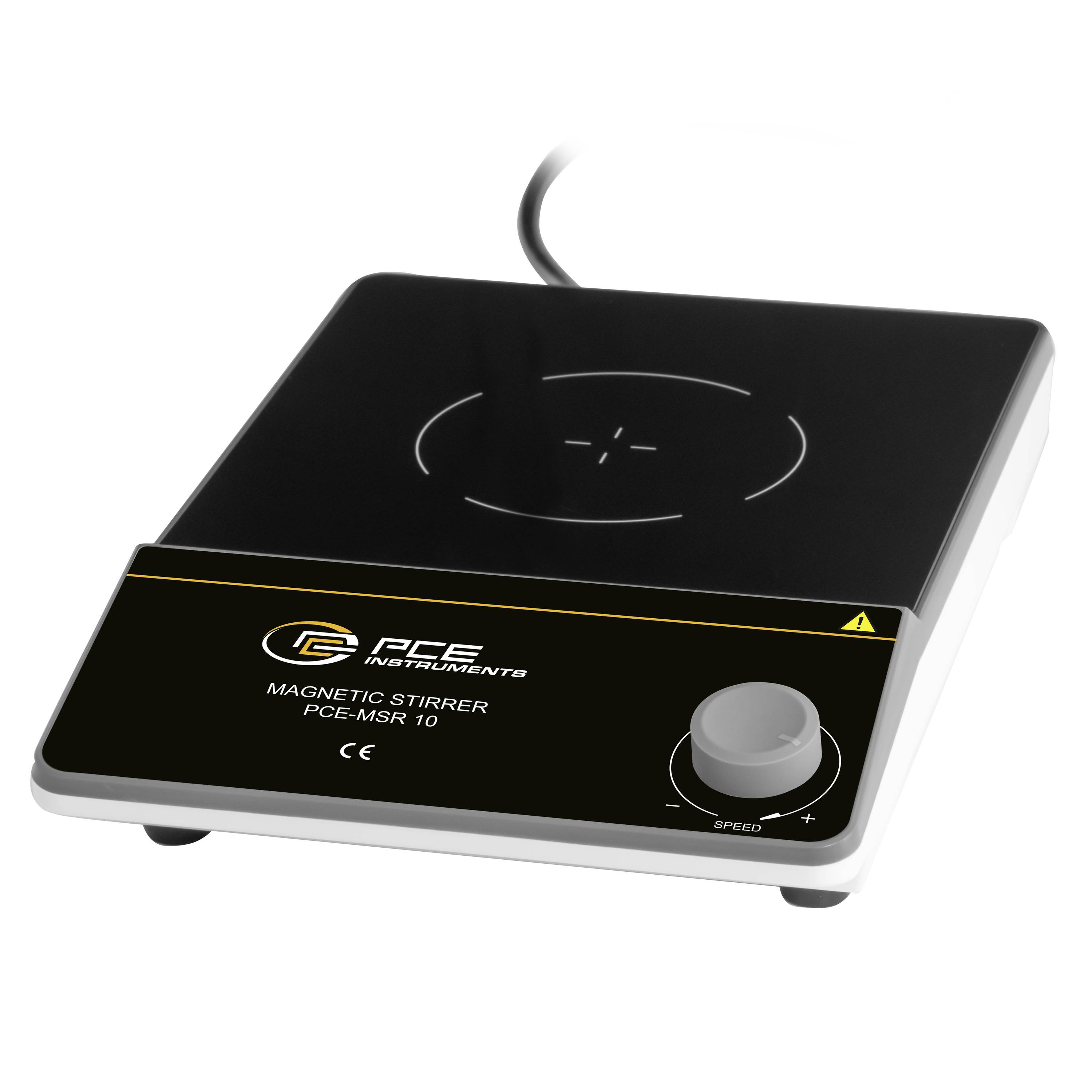 Schwarze magnetische Rührplatte mit einem Drehknopf zur Geschwindigkeitsregelung, gekennzeichnet mit PCE Instruments PCE-MSR 10, auf weißem Hintergrund dargestellt.