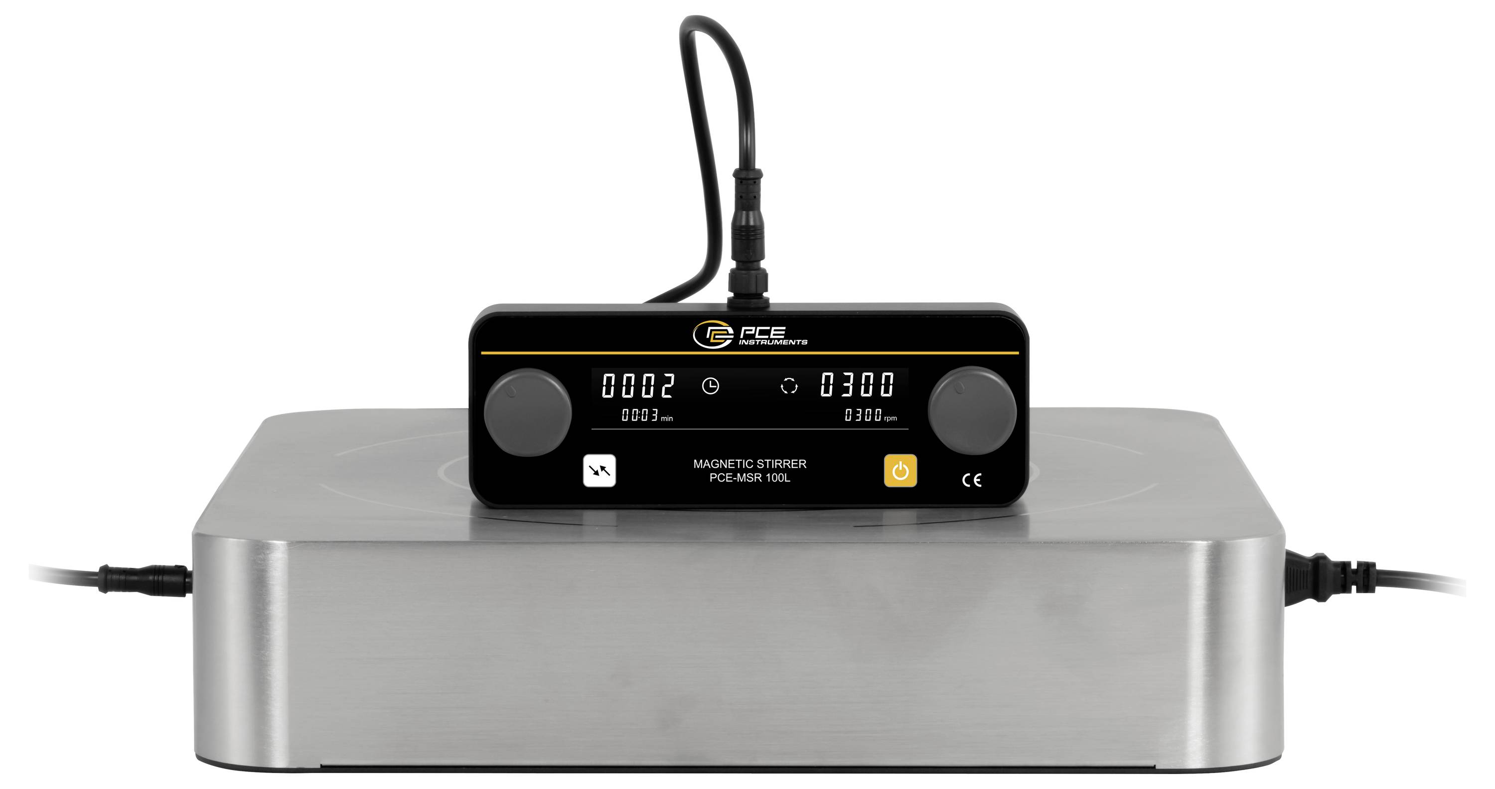 Ein schwarzer digitaler Controller mit einer kabelgebundenen Sonde sitzt auf einer Edelstahlmaschine und zeigt Temperatur- und Timer-Anzeigen mit Ein-/Ausschalter und Funktionstasten.