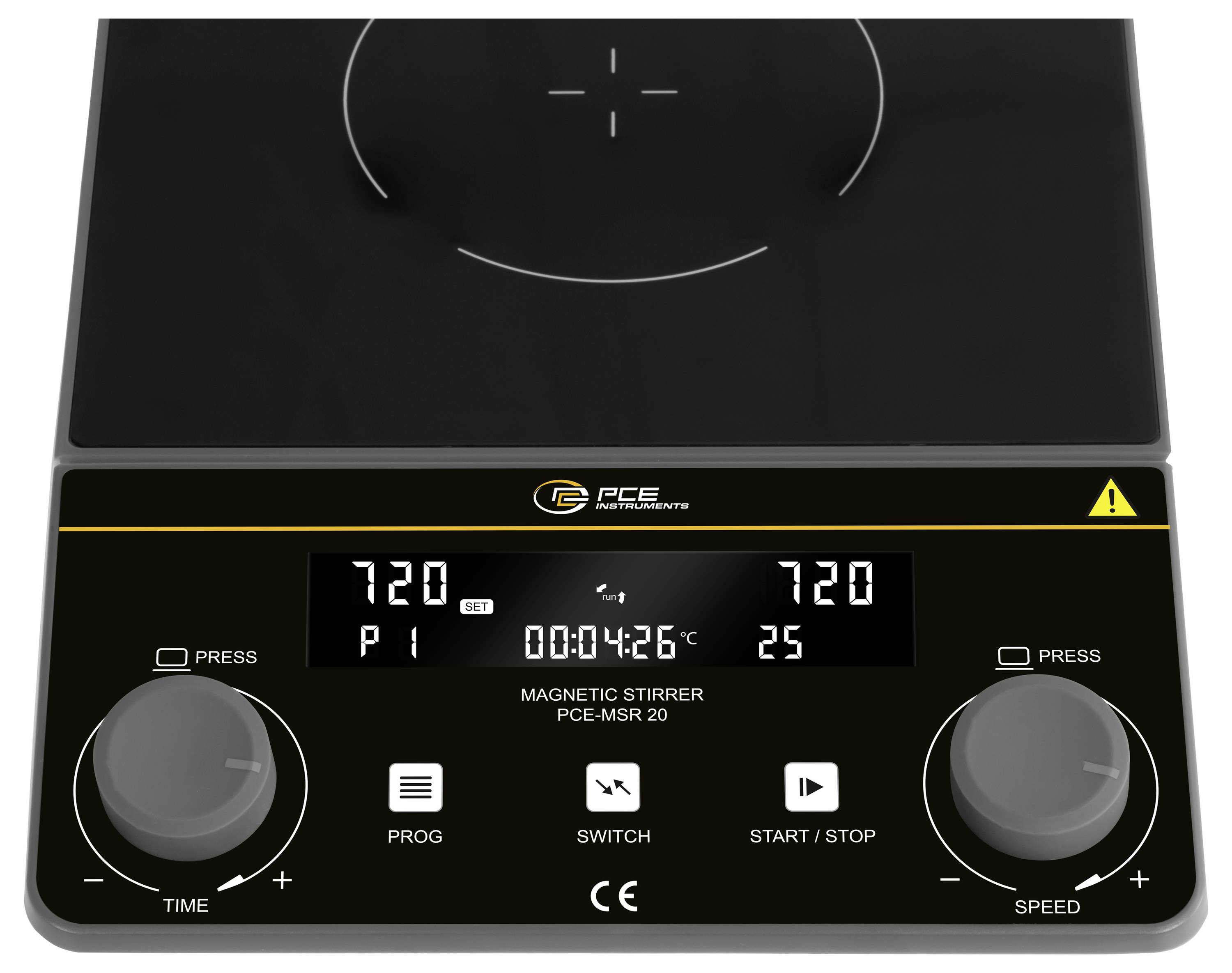 Digitales magnetisches Rührwerk mit Heizplatte, zwei Regelknöpfe, Display zeigt 720 und 00:04:26 an, sowie Tasten für Programm, Schalter und Start/Stopp.
