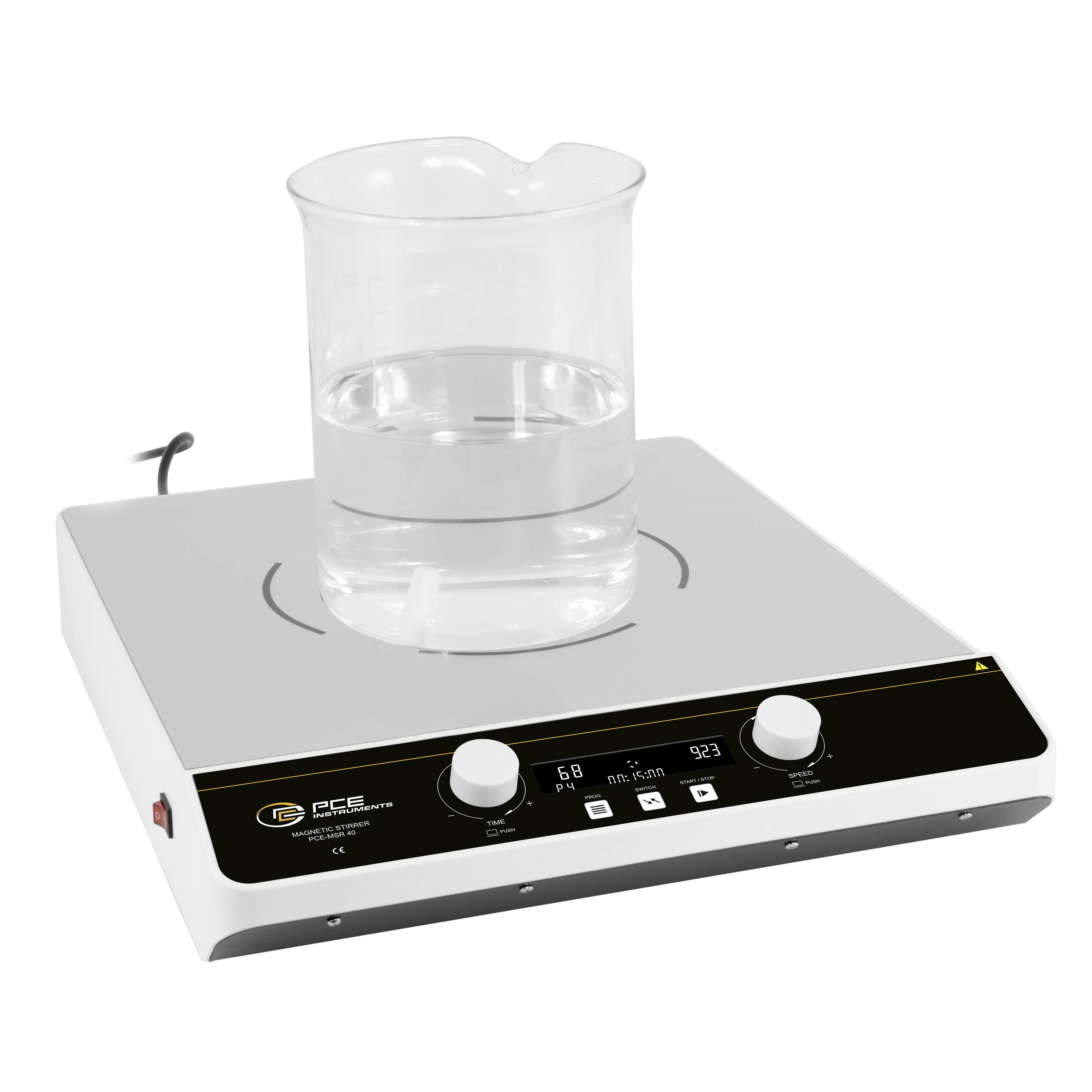 Ein Laborphotplate-Rührer mit einem Becher klarer Flüssigkeit oben drauf und digitalen Bedienelementen auf der Frontplatte.