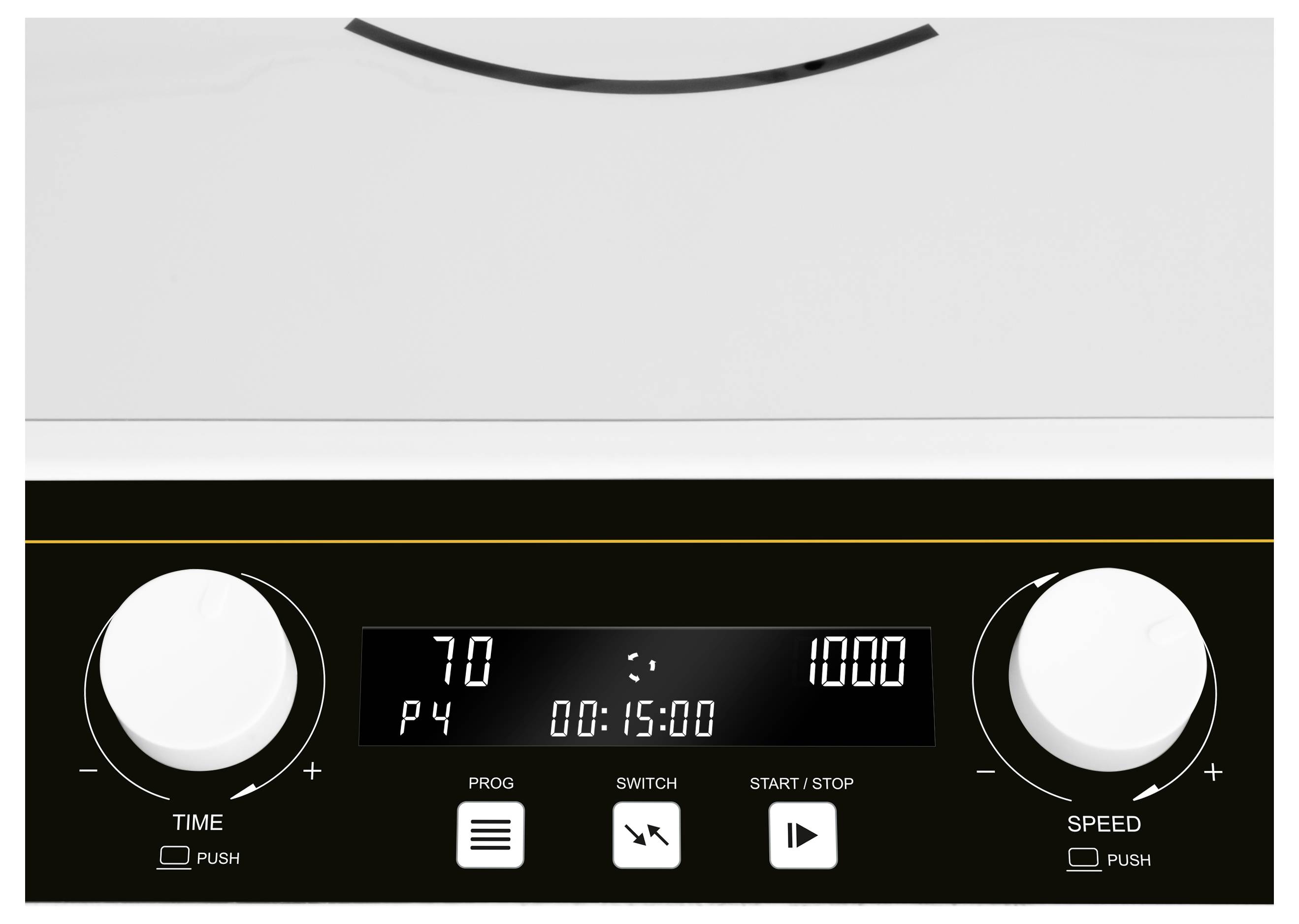 Digitales Steuerfeld für Haushaltsgeräte mit zwei großen Drehreglern für Zeit und Geschwindigkeit, zentralem Display mit Anzeige von 70, P4 und 00:15:00 sowie Tasten für Programm, Schalter und Start/Stopp.