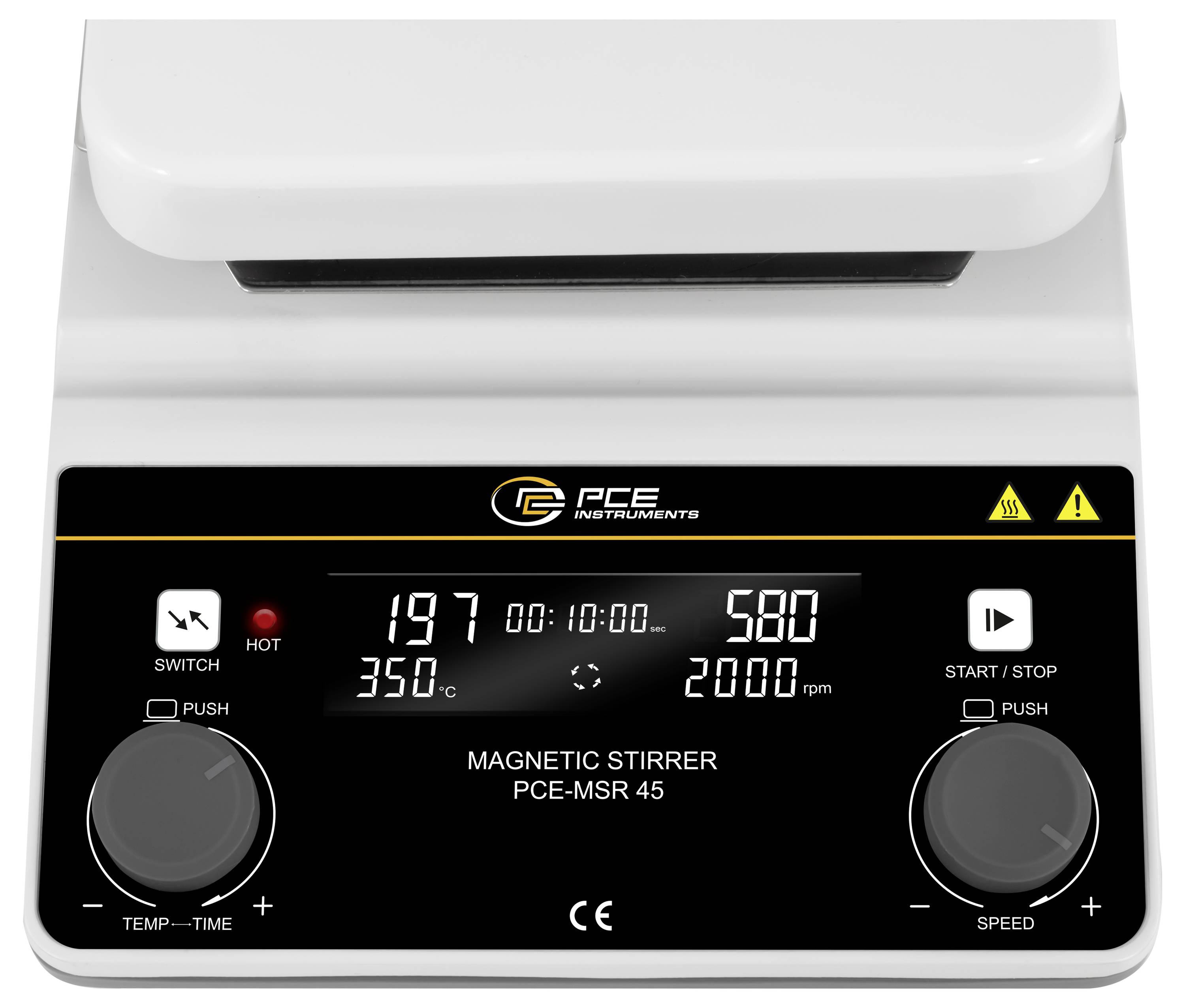 Frontansicht einer magnetischen Rührplatte von PCE Instruments mit digitaler Anzeige, zwei Bedienungsknöpfen sowie Start-/Stopp- und Schaltertasten.