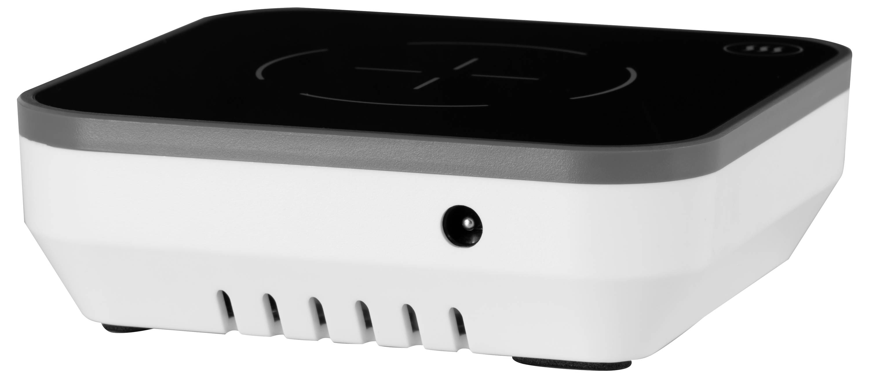 Kompaktes schwarz-weißes elektronisches Gerät mit abgerundeter rechteckiger Form, frontseitiger Sensor und Belüftungsschlitzen, gezeigt auf einfachem Hintergrund.