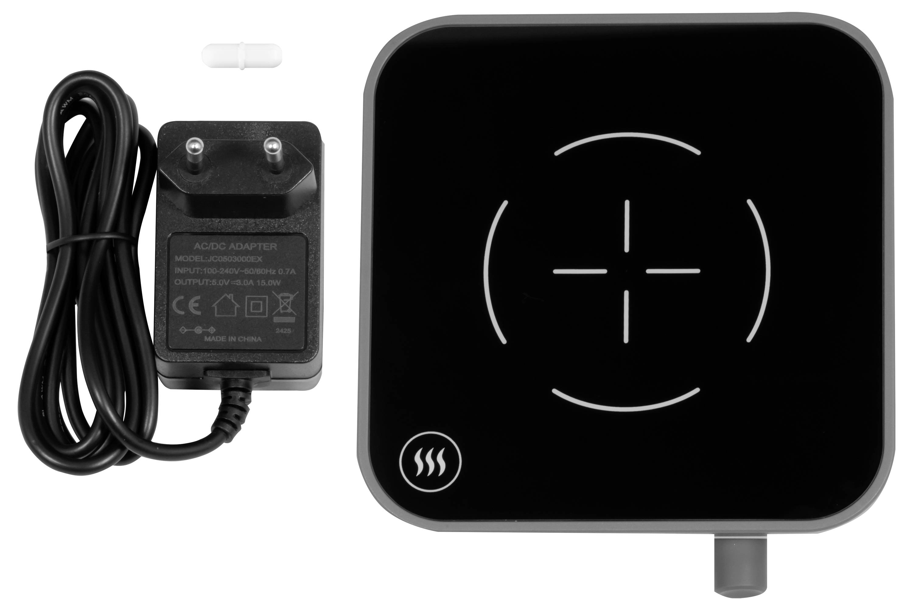 Schwarzes quadratisches elektrisches Heizpad mit Netzteil und Kabel